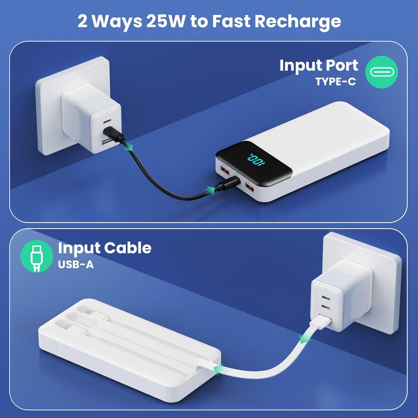 Power Bank 40800mAh Portable Charger with 3 Built-in Cable,25W PD USB C in&Out Power Bank Fast Phone Charging,QC4.0 LED Display Portable Battery Pack Compatible with iPhone 16/15,Samsung Android-Black