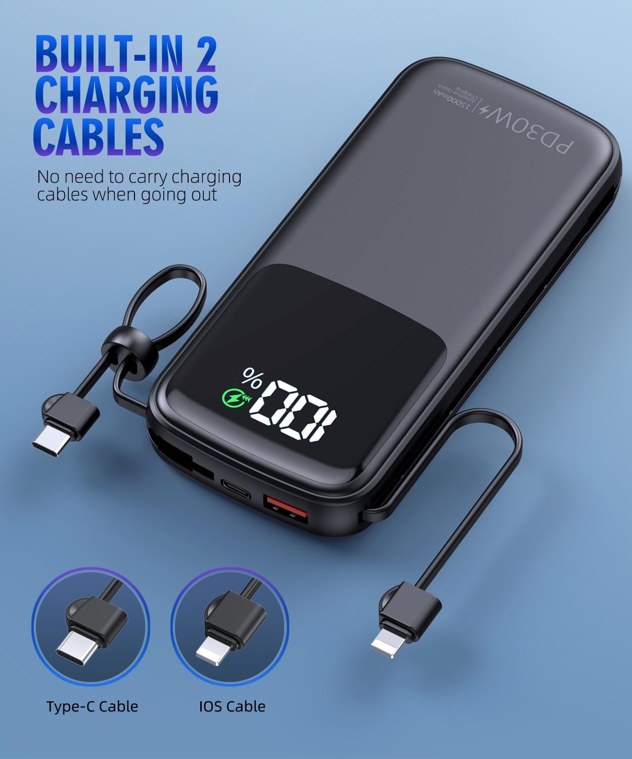 Portable Charger Power Bank, 15000mAh Portable Charger Fast Charging Lightweight, Built-in AC Wall Plug and 2 Output Cables with LED Display for iPhone Samsung iPad etc (White)