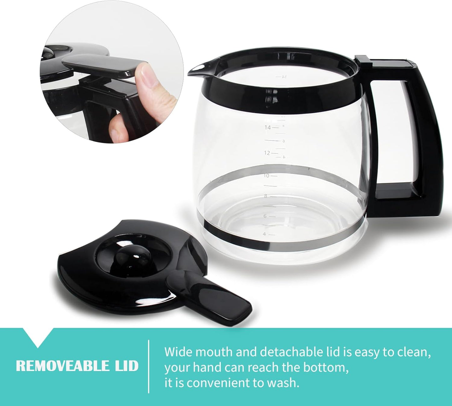 14-Cup Glass Replacement Coffee Carafe Compatible with Cuisinart Coffee Maker Models DCC-2200, DCC-2600, DCC-2800, DCC-3200, and DCC-3200P1, Coffee Pot Decanter Pitcher, Black Handle