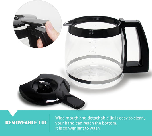 14-Cup Glass Replacement Coffee Carafe Compatible with Cuisinart Coffee Maker Models DCC-2200, DCC-2600, DCC-2800, DCC-3200, and DCC-3200P1, Coffee Pot Decanter Pitcher, Black Handle - PuriLite