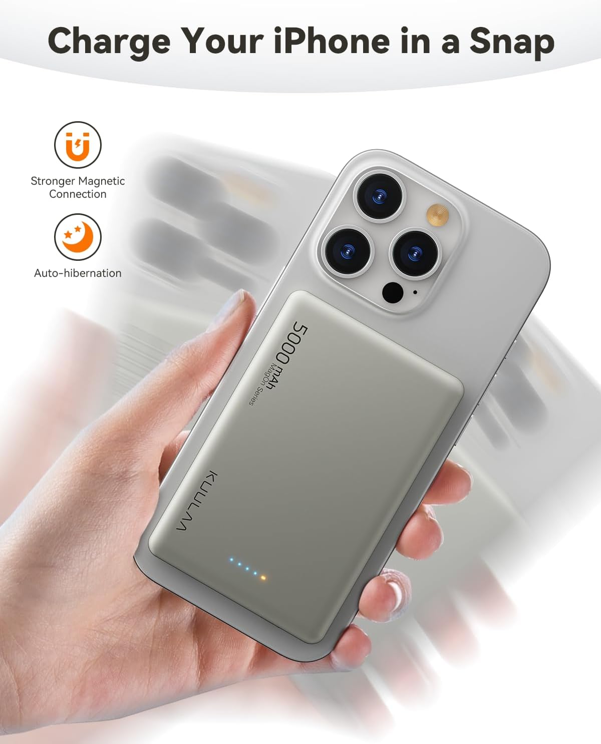 Kuulaa Power Bank 5000mAh 20W, Magnetic Wireless Power Bank 0.3in Ultra Slim Portable Magsafe Charger Compatible with iPhone 15/14 /13/12 Serie - Titanium