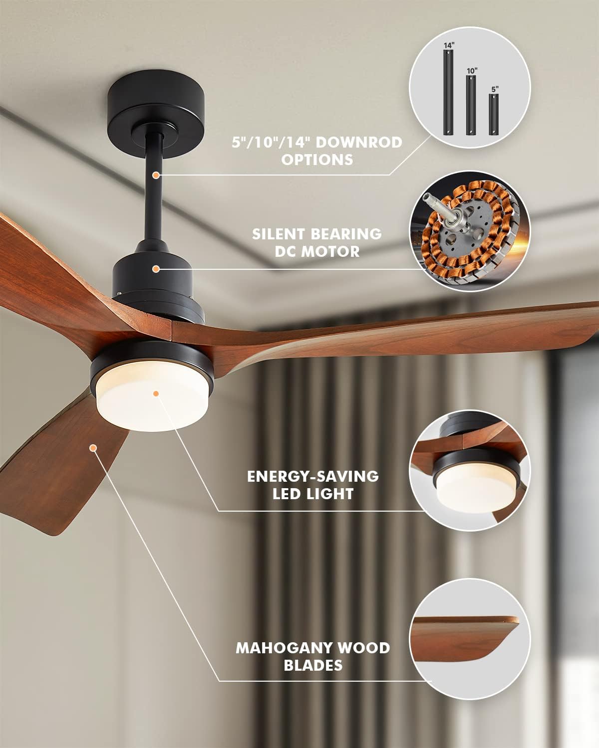 Chriari Ceiling Fans with Lights, 3 Wood Fan Blades, 52" Black Classical Style Fan with Remote Control, Noiseless Reversible DC Motor for Bedroom/Living Room/Study/Porch