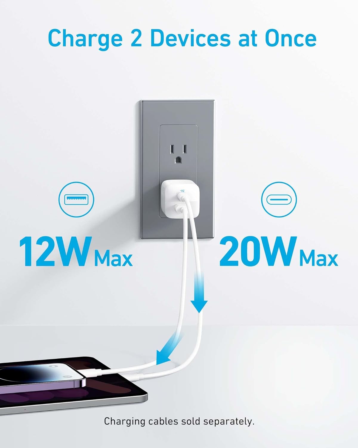 Anker USB C Charger, 323 Charger (33W), 2 Port Compact Charger with Foldable Plug for iPhone 14/14 Plus/14 Pro/14 Pro Max/13/12, Pixel, Galaxy, iPad/iPad Mini and More (Cable Not Included) - White
