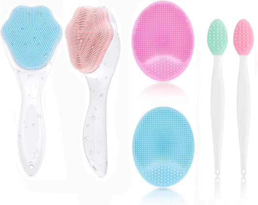 Purilite Select Silicone Face Scrubbers + 2 Exfoliating Lip Brushes + 2 Facial Cleansing Brushes – Gentle Exfoliation & Deep Cleansing Set