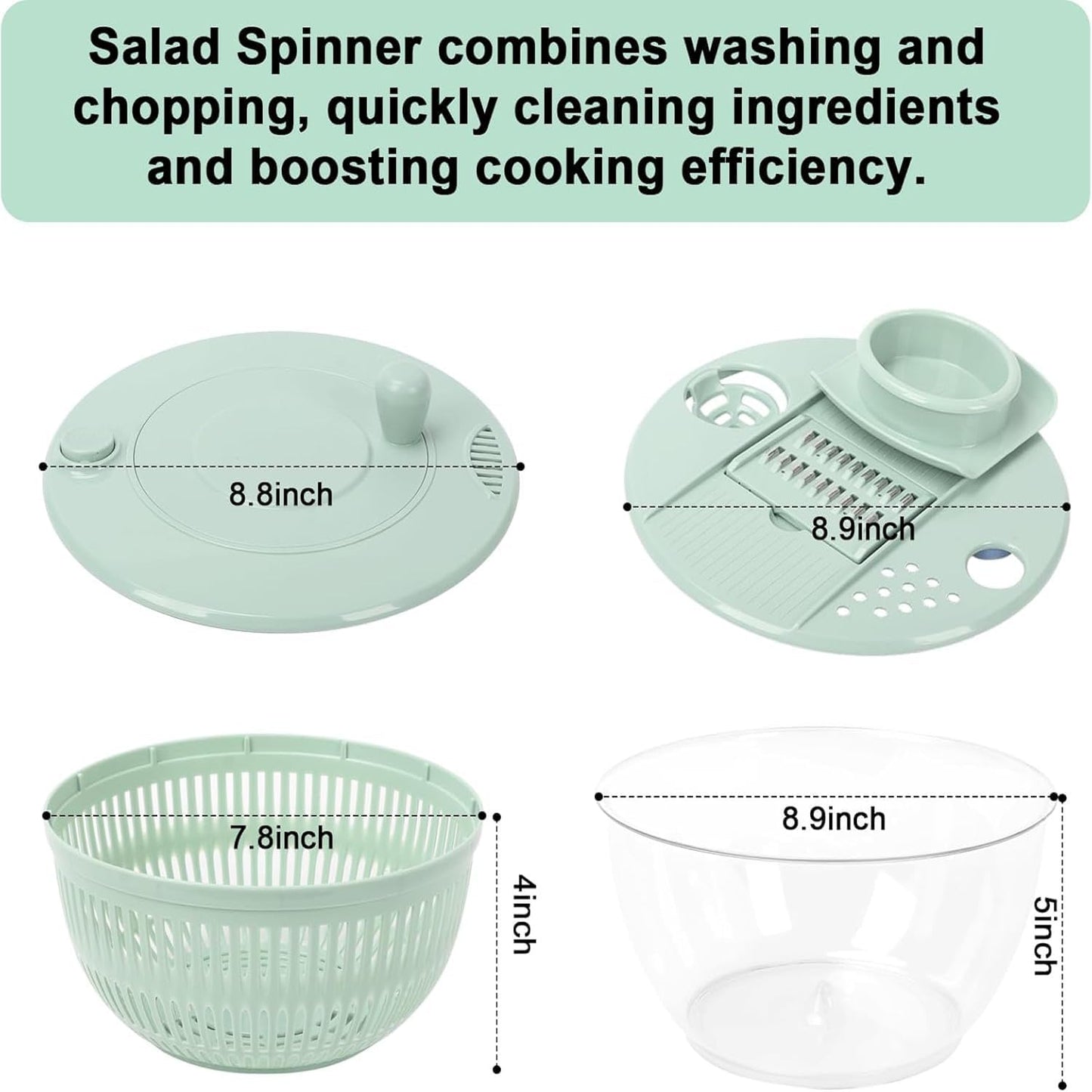 Salad Spinner Large, Vegetables Wash Bowl, Fruits & Herb Lettuce Dryer with 5 Blade Slicer Egg Yolk Strainer Shredder for Efficient Salad Preparation and Food Washing (5 in 1)