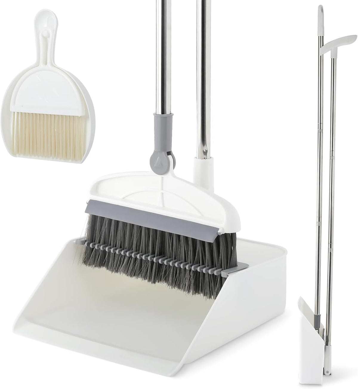 Broom with Dustpan Combo Set, 2 in 1 Broom and Dustpan Set with Long Handle, Upright 180° Rotating Broom with Brush and Lightwight Dust Pans for Home Kitchen Room Office Lobby Floor Cleaning,White