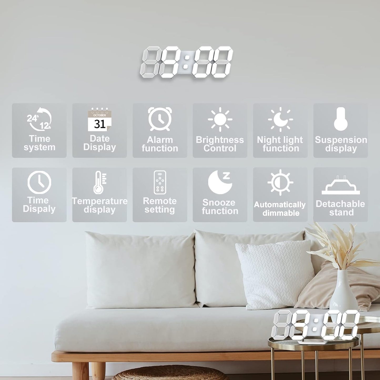 Deeyaple 3D LED Digital Wall Clock Modern Alarm Clock Adjust Brightness 12/24 Time Date Temperature Silent Snooze USB Night Light Remote Control Kitchen Bedroom Living Room Small 9.7 inch White