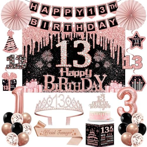 40th Birthday Decorations for Women,32pcs 40th Birthday Party Decorations,Including Backdrop, Crown,Sash,banner, Hanging Swirl,Cake Topper,balloons,Paper Fans,Anniversary Card and paper fans