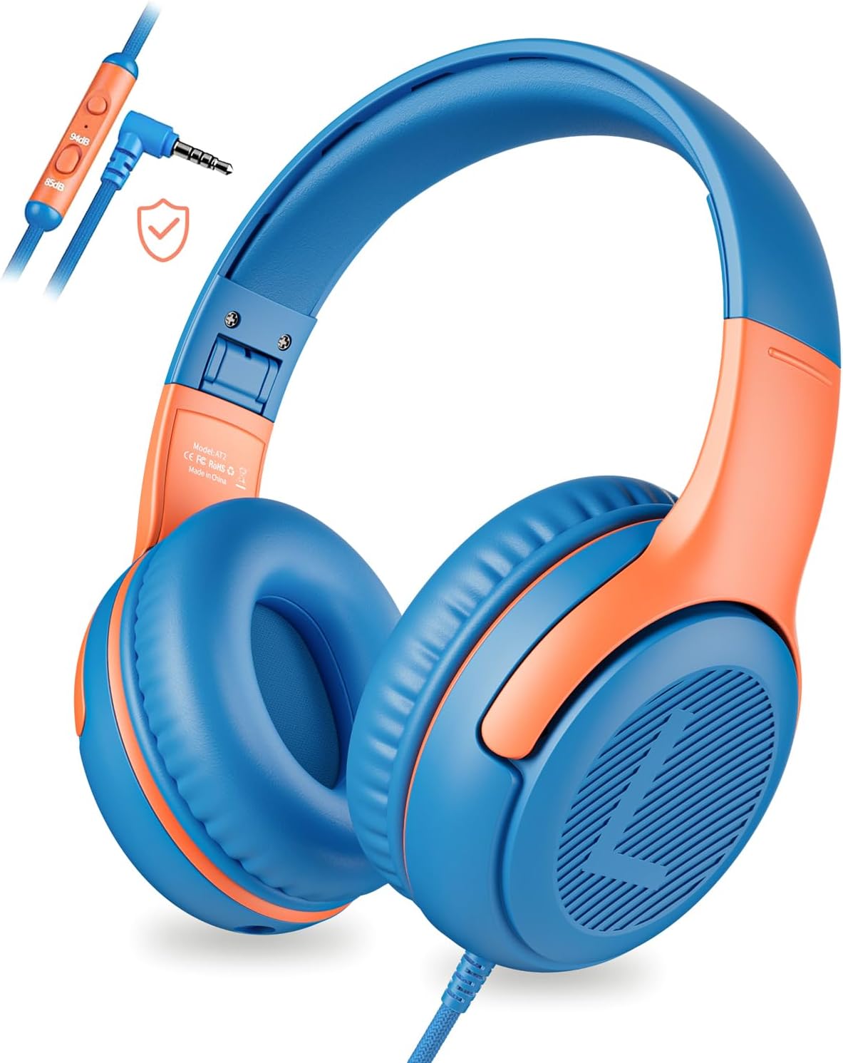 awatrue Kids Headphones with Microphone, Wired Headphones for Kids 85/94dB Safe Volume Limit, Over Ear Headsets, Boys Girls Childrens Headphones for School/Travel/Fire Tablet/BlueOrange