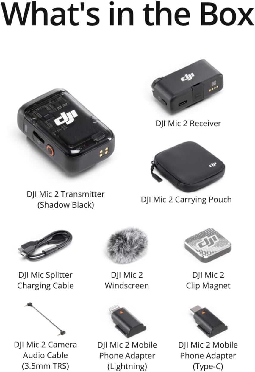 DJI Mic 2 (2 TX + 1 RX + Charging Case), Wireless Lavalier Microphone, Intelligent Noise Cancelling, 32-bit Float Internal Recording, 820 ft.(250m) Range, Microphone for iPhone, Android, Camera