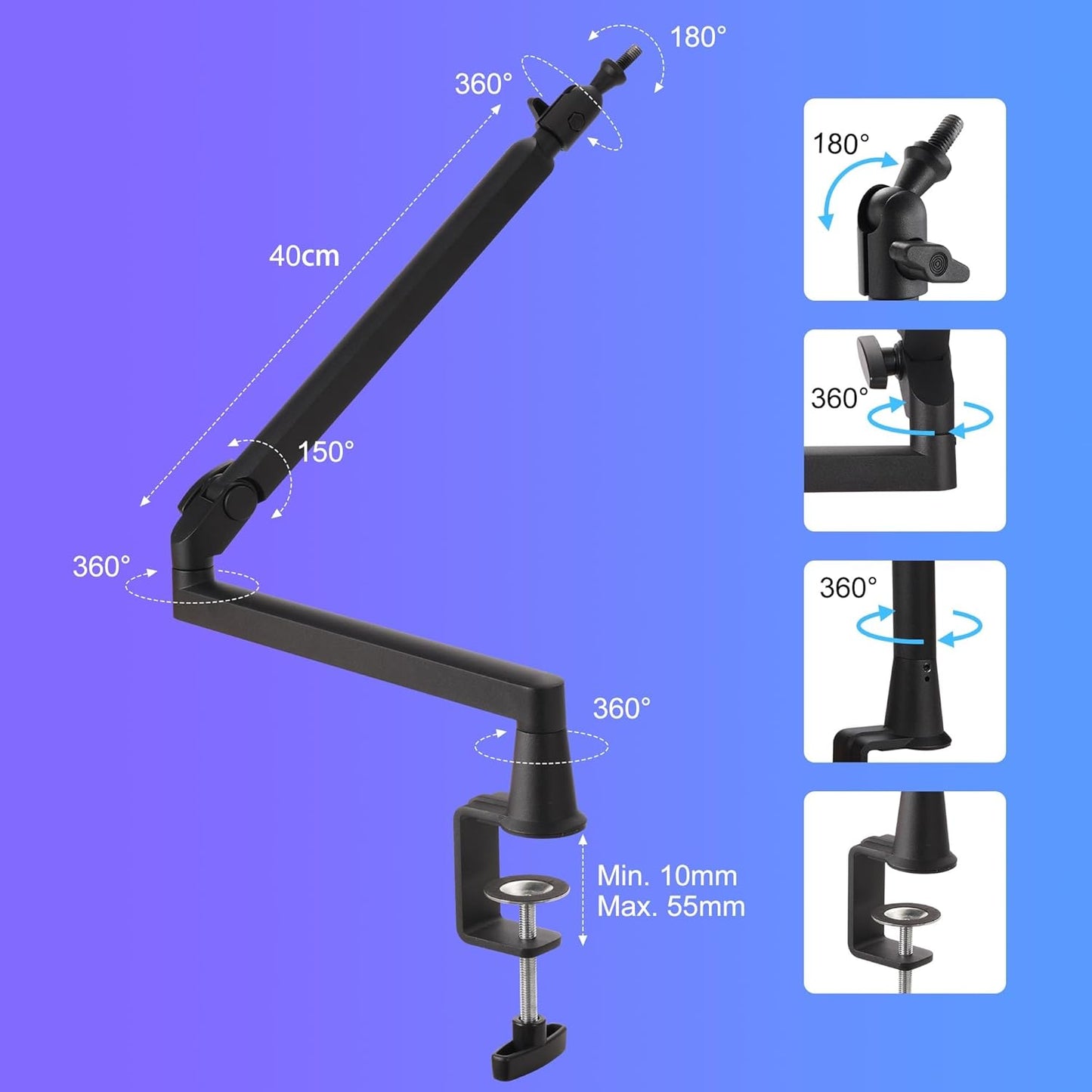Microphone Boom Arm, Low Profile Mic Arm Professional Adjustable Solid Desk Mount Clamp,Cable Management Microphone Arm Stand for Podcast Streaming Gaming Studio Mic Stand White