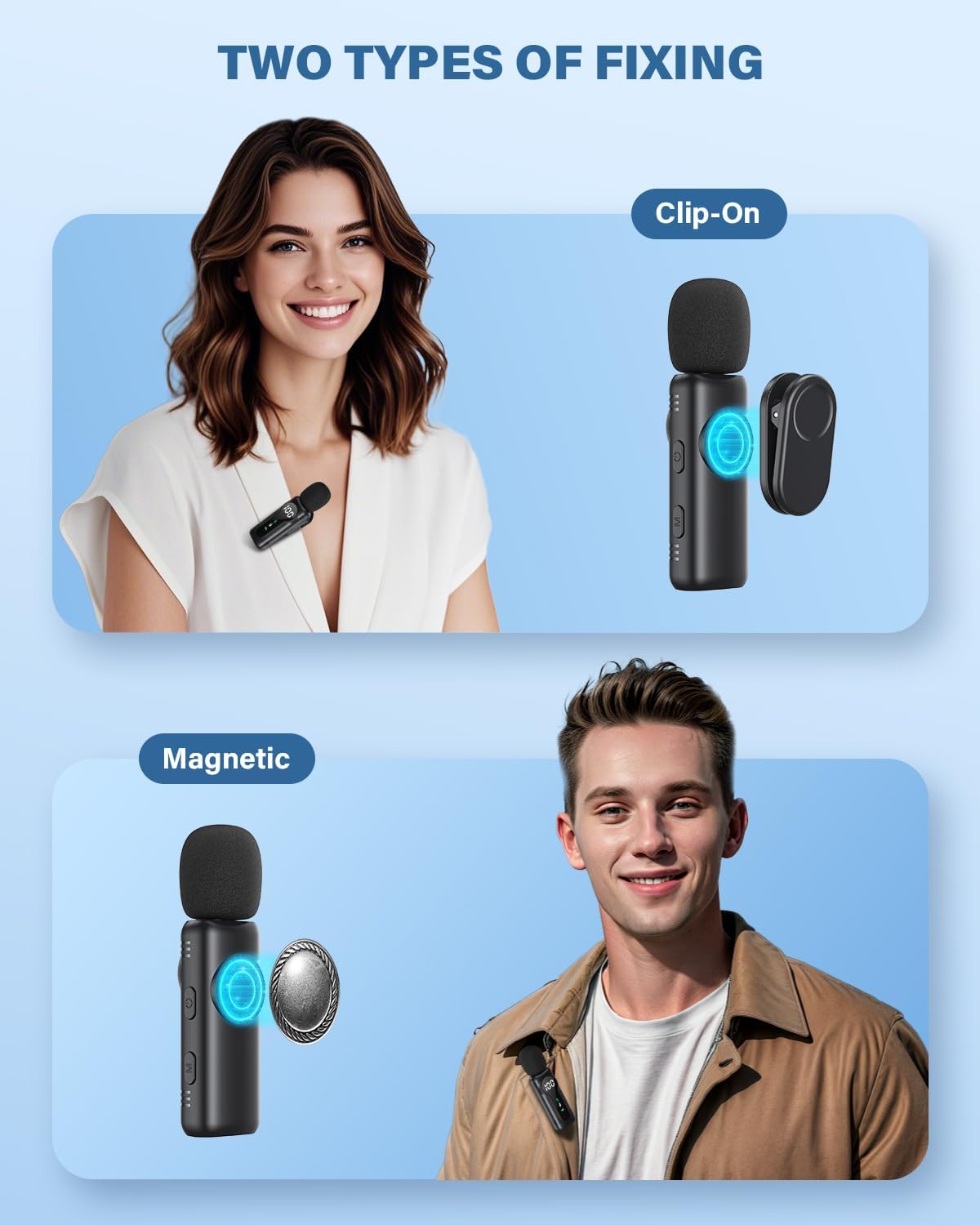 Wireless Lavalier Microphone Dual Set – Plug & Play Clip-on Mic with Auto Pairing, Magnetic Mount, Noise Cancelling, for iPhone, Android, USB-C Devices, YouTube, Podcast & Video Recording