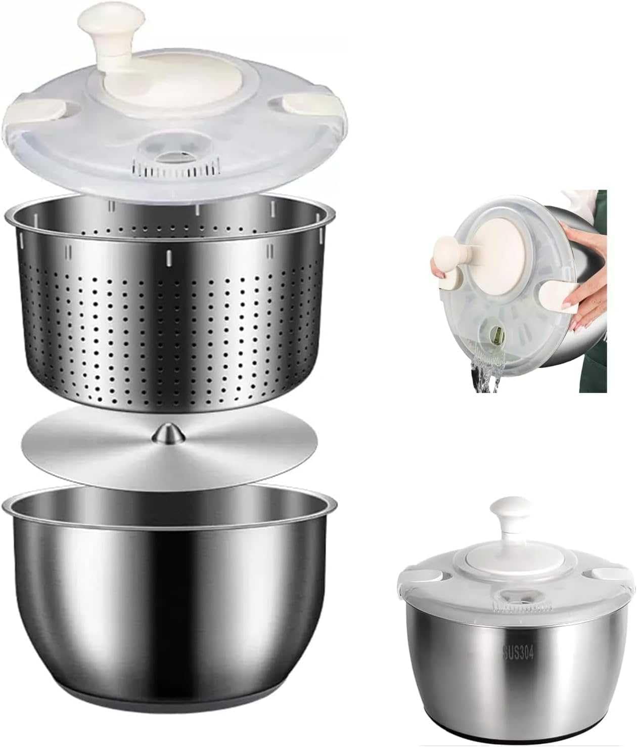 Salad Spinner, Large Stainless Steel Vegetable Washer, 5.3 Qt Plastic Lid for Washing Pasta and Fries, Durable Kitchen Tool