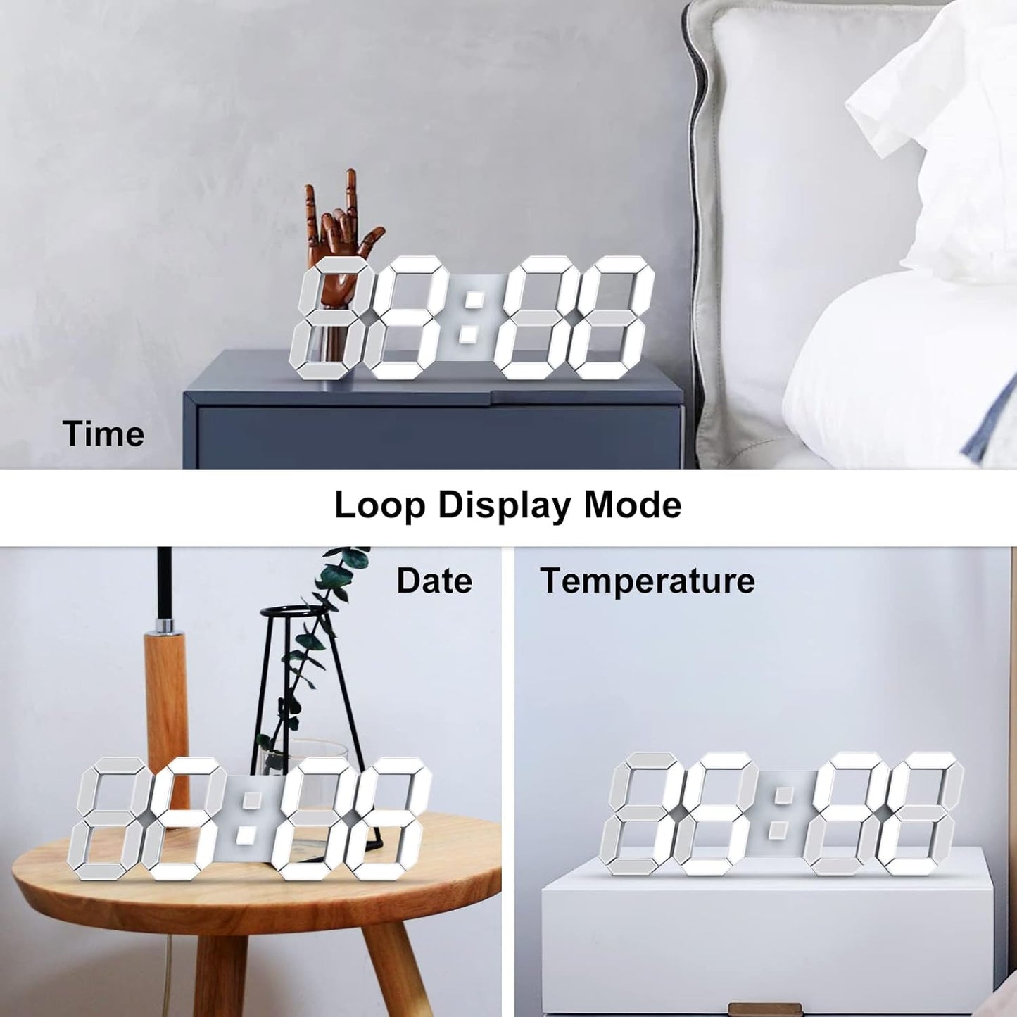 Deeyaple 3D LED Digital Wall Clock Modern Alarm Clock Adjust Brightness 12/24 Time Date Temperature Silent Snooze USB Night Light Remote Control Kitchen Bedroom Living Room Small 9.7 inch White