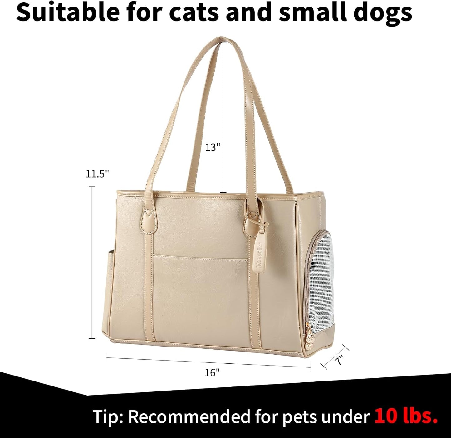 Monanller Stylish Dog Purse Carrier, Leather Pet Carrier Bag for Small Dogs Cats Puppy, Airline Approved Soft-Sided Carrier Beige