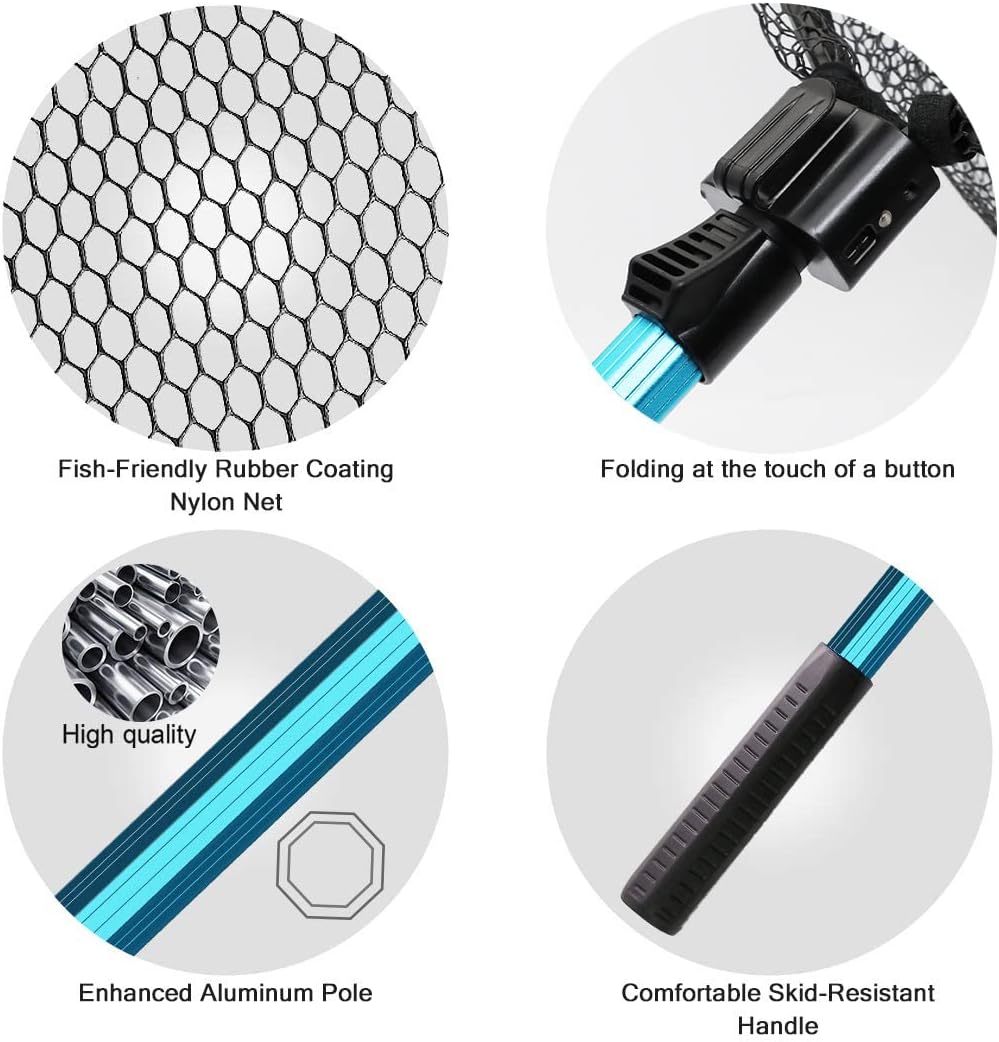 SAN LIKE Fishing Net Telescopic Landing Nets Folding Rubber Fish Net Rubber Coated Landing Net with Adjustable Sturdy Pole Handle for Saltwater Freshwater Bass Trout Fishing Easy Catch & Release