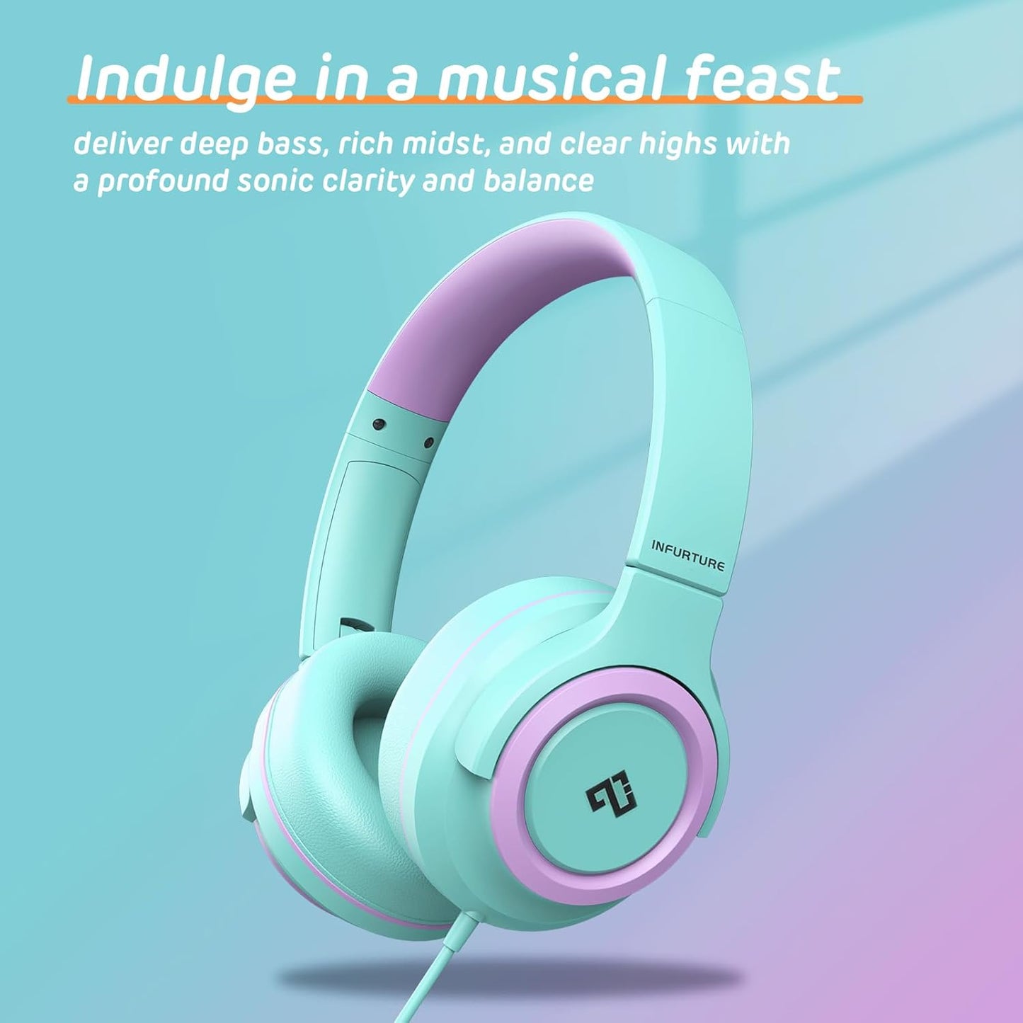 INFURTURE Kids Headphones for School Travel, 94dB Safe Volume Limited, HD Mic Stereo Sound Over-Ear Girls Boys Headphones for Kid, Foldable 3.5mm and USB-C Wired Headphones for iPad Computer