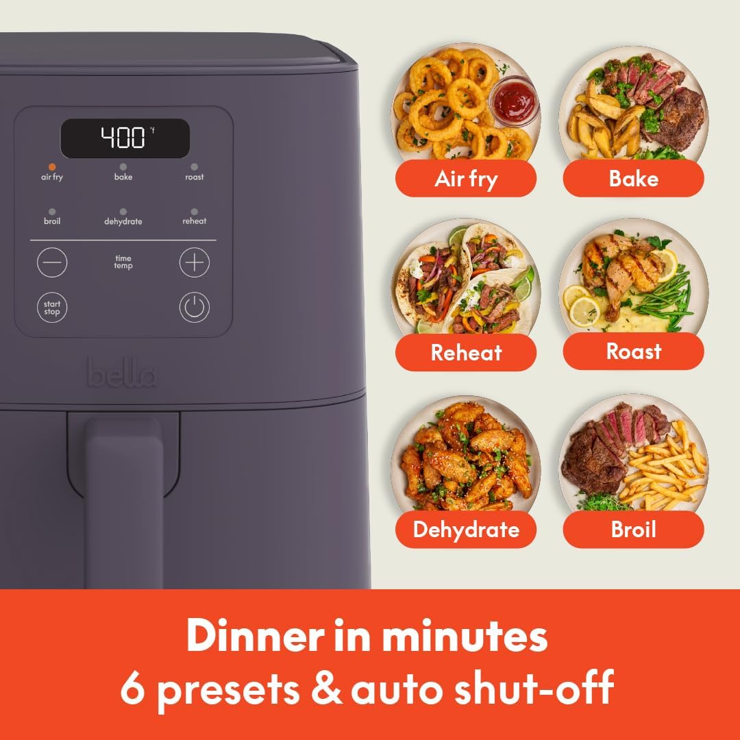 bella 4Qt Slim Air Fryer, Fits-anywhere Kitchenware, EverGood Ceramic Nonstick Coating, Adjustable Temperature, 6 Preset Cooking Options, 60 Min Auto Shutoff w Audible Tone, 3.3lb Capacity, Surf