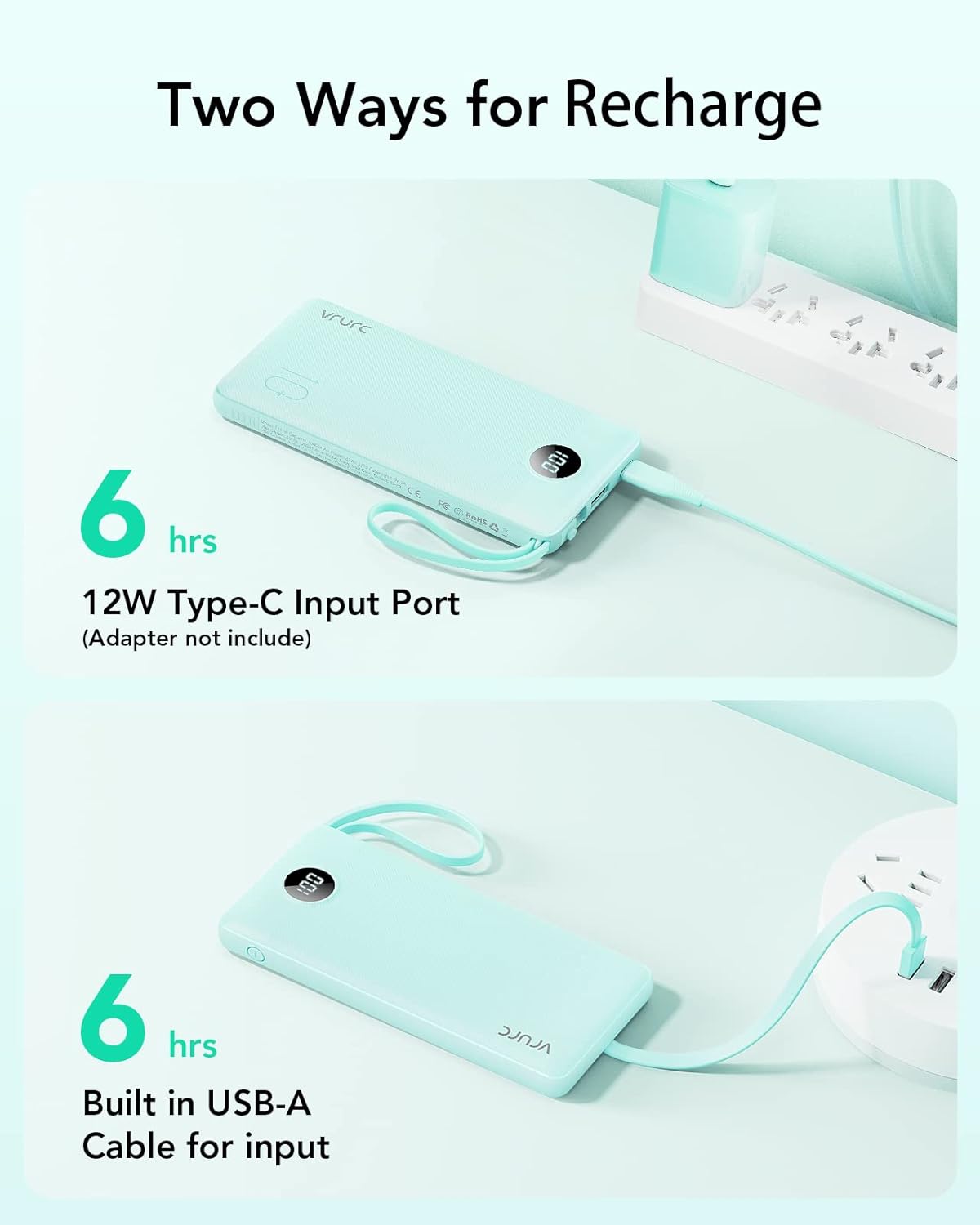 VRURC 10000mAh Power Bank Built-in Cables, Portable Charger with LED Display, Slim Intelligent Travel Battery Pack with Cords, 5 Output Dual Input Phone Charger for Cell Phone Smart Devcies-Blue