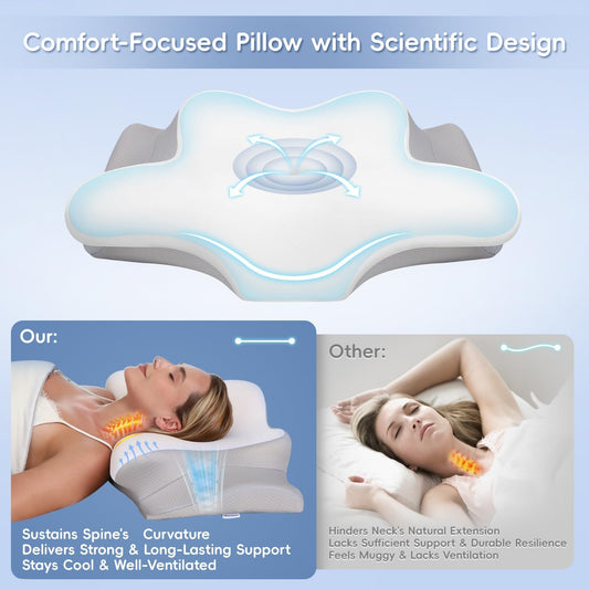 Cervical Neck Pillow,Memory Foam Pillows for Relieving Neck and Shoulder Pain, Neck Support Pillow for Side Sleepers, 2 Heights Ergonomic Pillow with Breathable Ice Silk Cover White