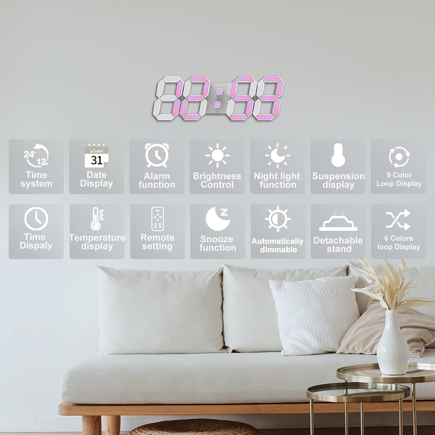 Deeyaple 3D LED Digital Wall Clock Modern Alarm Clock Adjust Brightness 12/24 Time Date Temperature Silent Snooze USB Night Light Remote Control Kitchen Bedroom Living Room Small 9.7 inch White