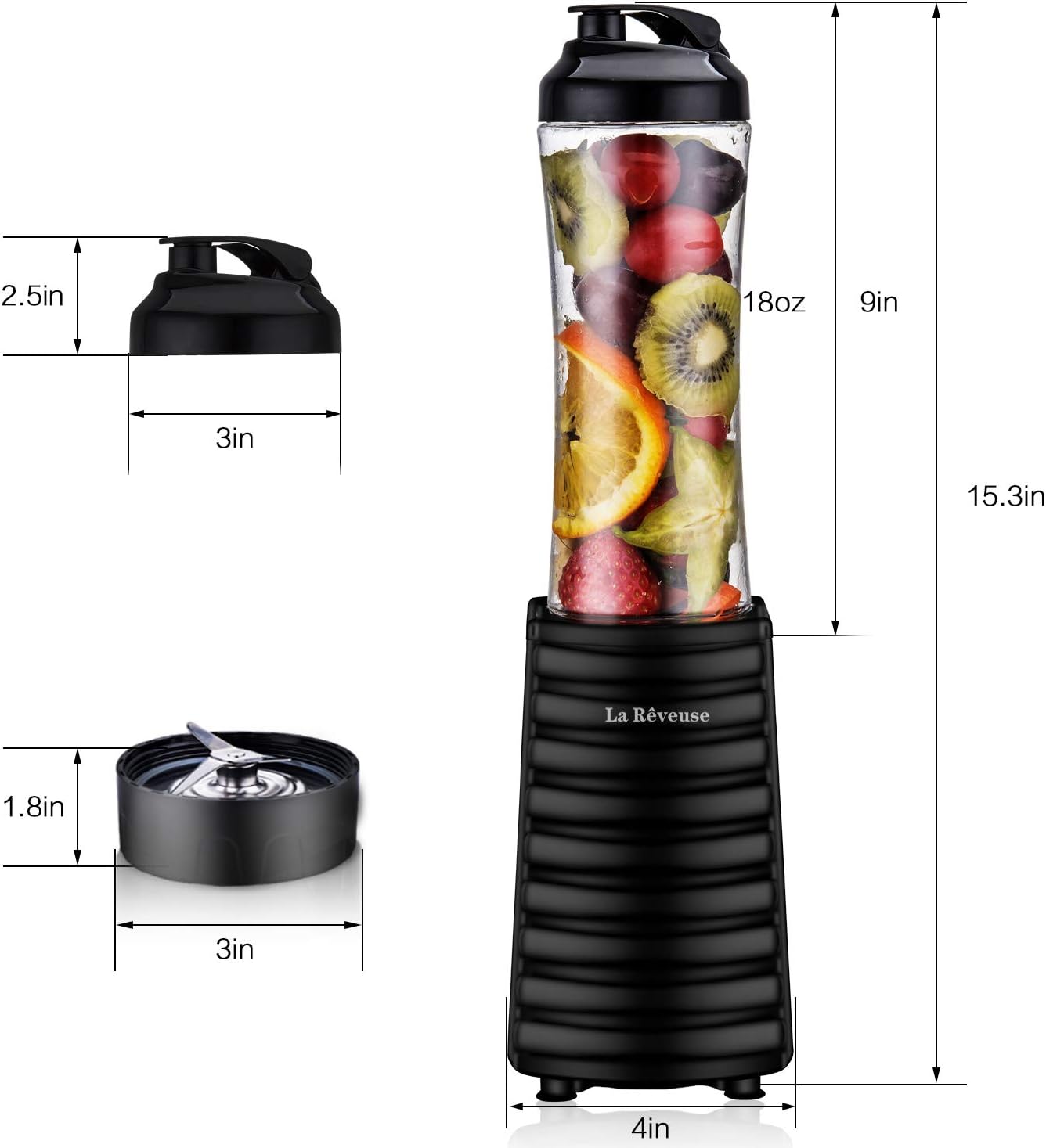 La Reveuse Smoothies Blender Personal Size 300 Watts with 2 Pieces 18 oz BPA Free Portable Travel Sports Bottles (Silver 2 Cups)