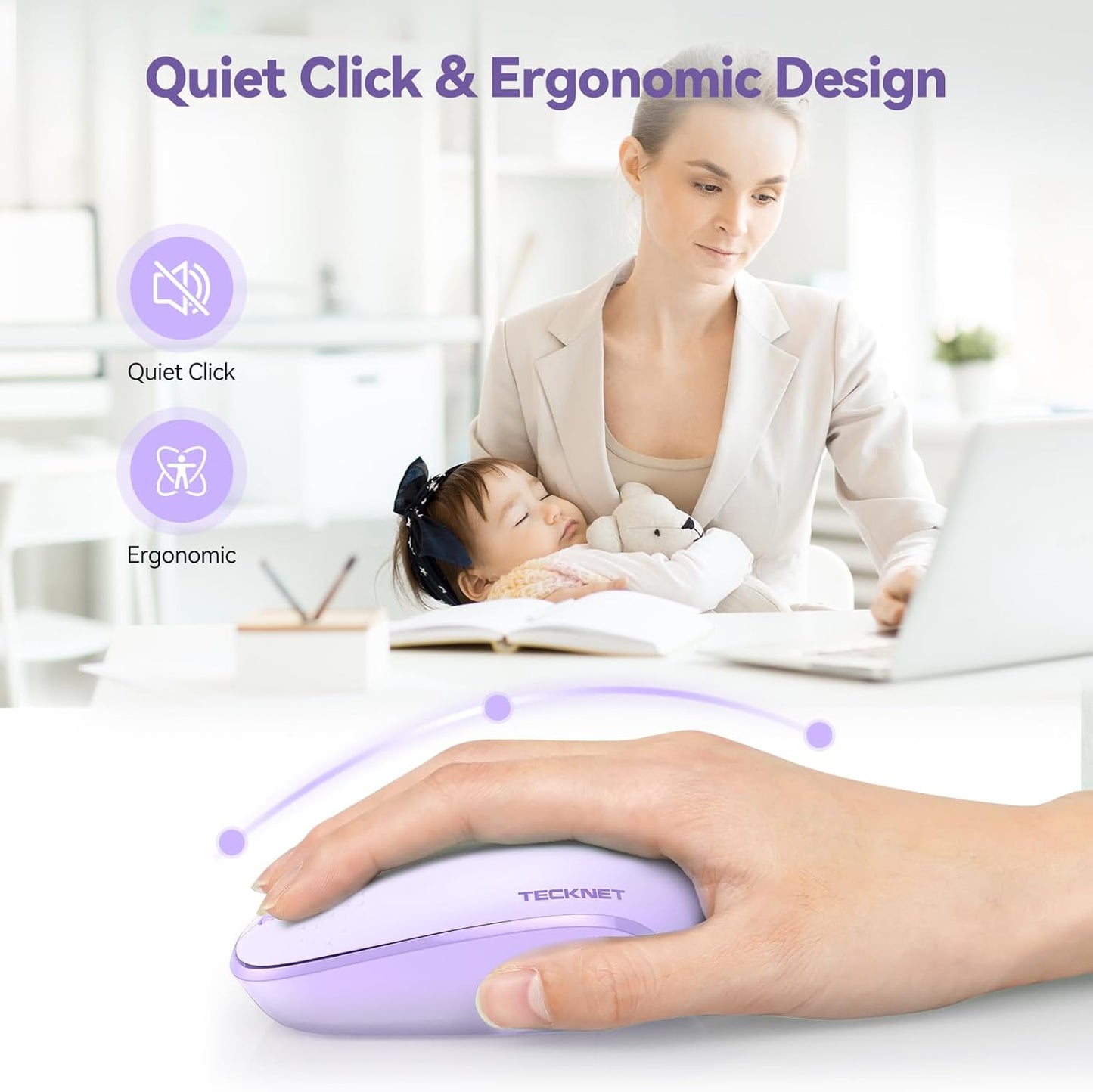 TECKNET 2.4GHz Wireless Quiet Mouse – Portable Ergonomic Optical USB Mouse 4-Button with Adjustable 800/1200/1600 DPI for Laptop, Chromebook, PC, Mac – Purple - PuriLite