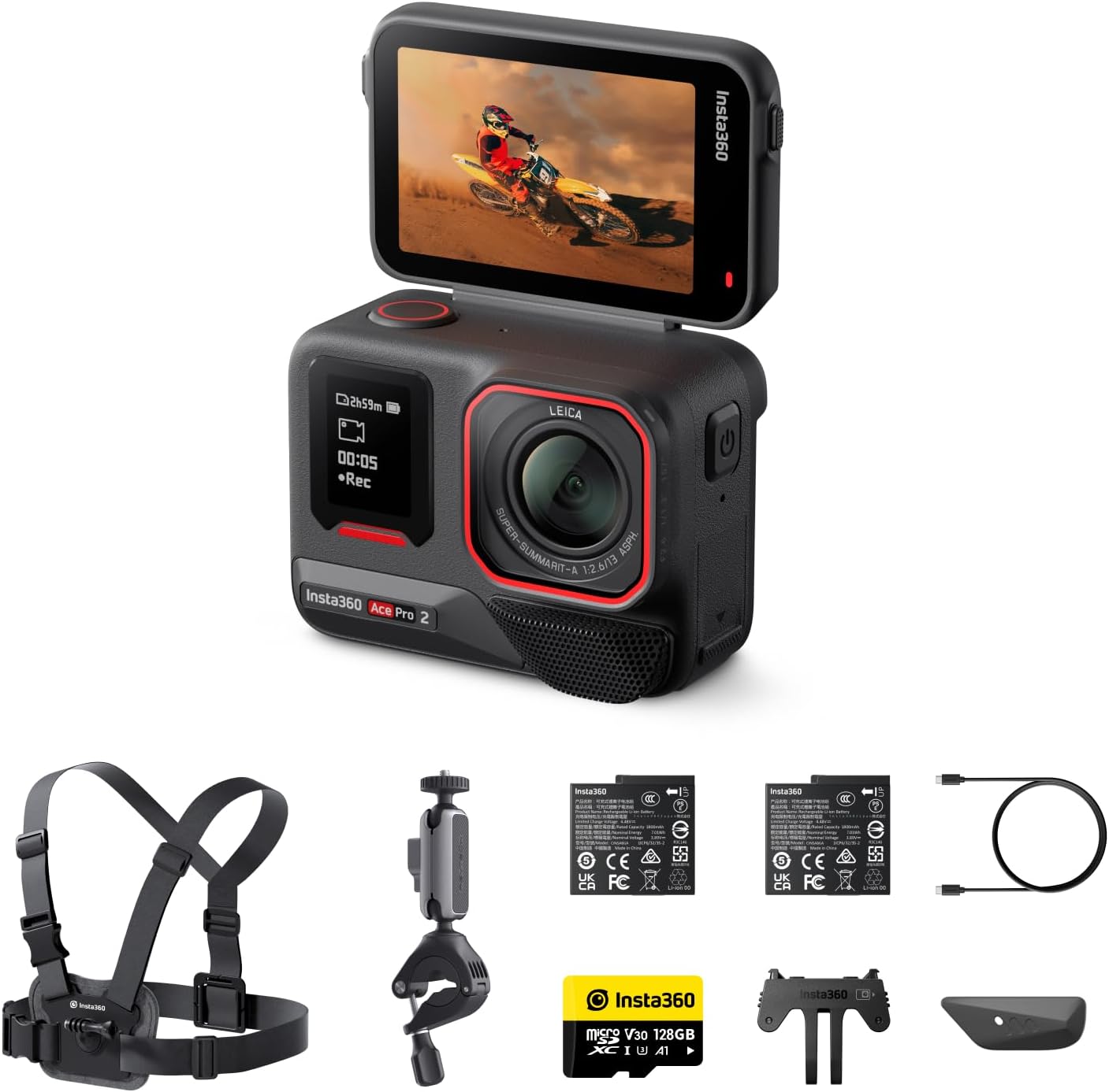 Insta360 Ace Pro 2 Get-Set Bundle- 8K Waterproof Action Camera Co-Engineered with Leica, 1/1.3" Sensor, Dual AI Chip, Leading Low Light, Superior Audio, Flip Screen & AI Editing, Dual Battery