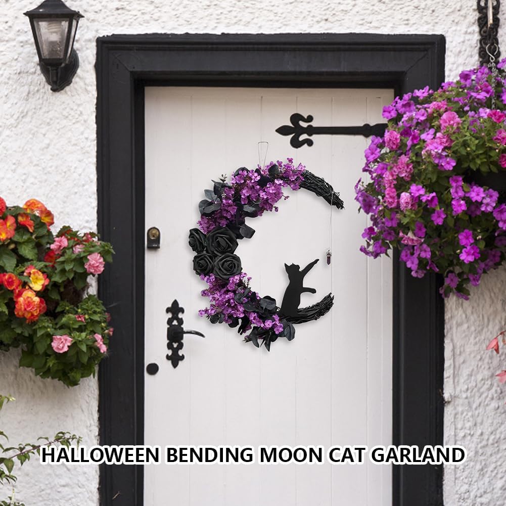 AZURAOKEY Halloween Wreath for Front Door Halloween Moon Cat Wreath Handmade Artificial Moon Cat Garland, Floral Cat Wreath Hanging Welcome Wreath Sign Halloween Decorations