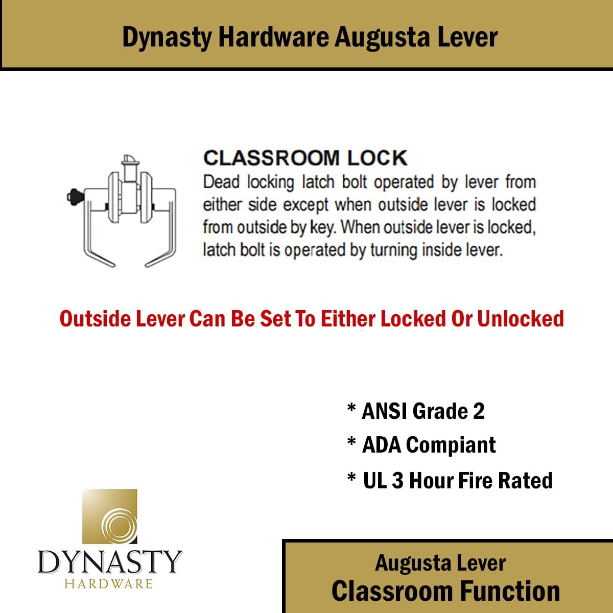 Dynasty Hardware AUG-00-26D Grade 2 Commercial Duty Office Door Keyed Lever Lockset, ADA, Satin Chrome Finish