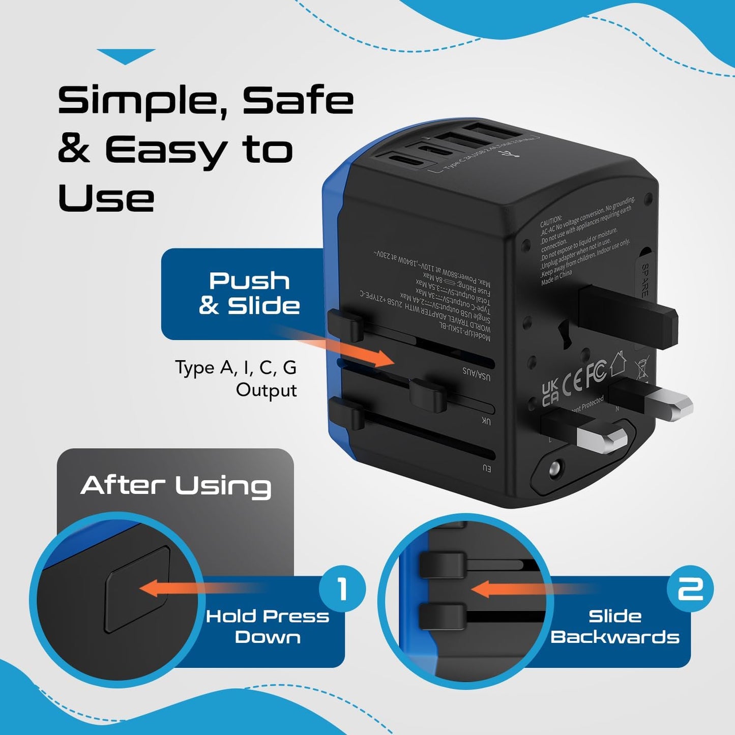 Ceptics Universal Travel Adapter kit, Dual USB (QC 3.0) + 2 US outlets + USB-C Cable, Use with Chargers, Cell Phones, Laptops, 6 Plug attachments for Worldwide use (Does Not Convert Voltage) (WPS-2B)