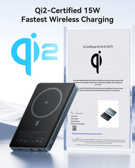 Kuulaa Magsafe Power Bank 10000mAh qi2 Certified 15W Magnetic Portable Charger with LED Display, Wireless Battery Pack Power Bank iPhone, Portable Charger for iPhone 16/15/14/13/12, Grey