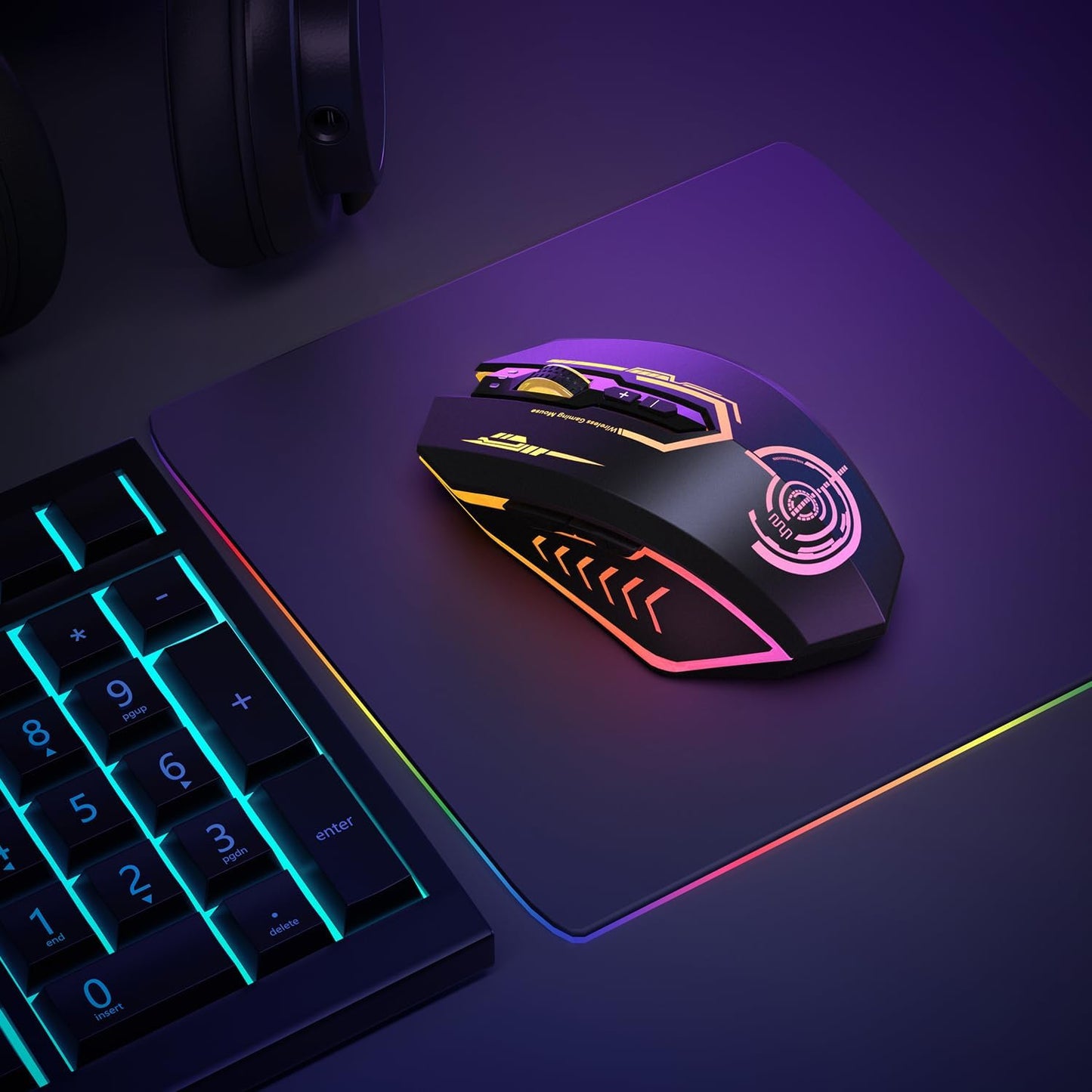Wireless Gaming Mouse Up to 10000 DPI, UHURU Rechargeable USB Wireless Mouse with 6 Buttons 7 Changeable LED Color Ergonomic Programmable MMO RPG for PC Laptop, Compatible with Windows Mac