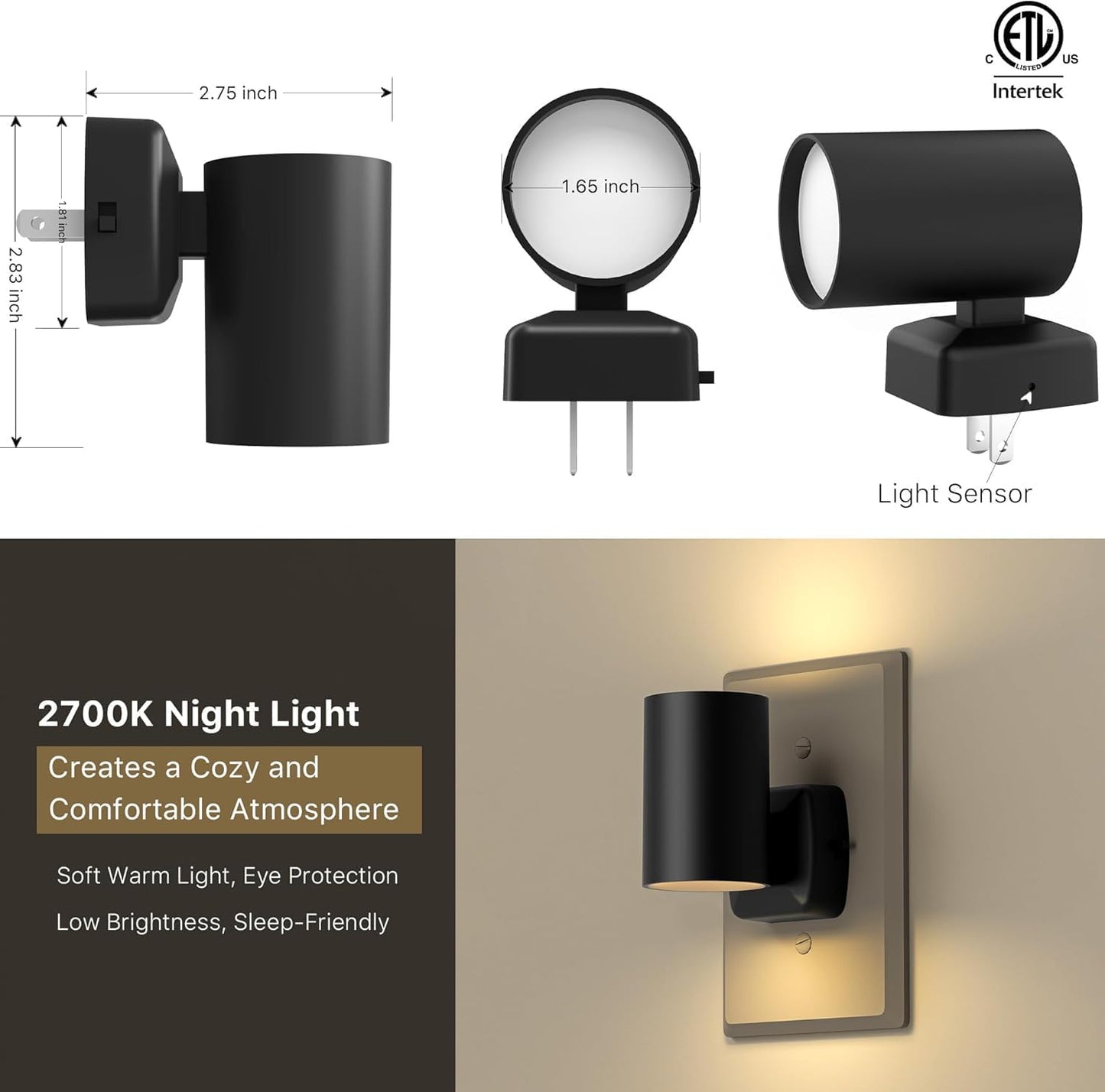 Led Night Light Plug in,Night Lights Plug into Wall Dusk to Dawn Sensor,20lm/40lm Adjustable Brightness,2700k Soft White,Dimmable Night Light for Hallway Bedroom Bathroom 2 Pack ETL-Certified