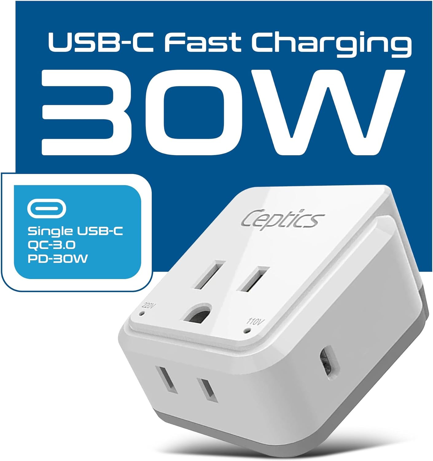 Ceptics Universal Travel Adapter kit, Dual USB (QC 3.0) + 2 US outlets + USB-C Cable, Use with Chargers, Cell Phones, Laptops, 6 Plug attachments for Worldwide use (Does Not Convert Voltage) (WPS-2B)
