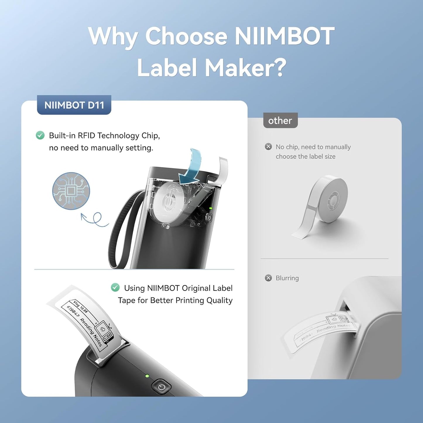 NIIMBOT D110 Mini Label Maker Machine with Tape(Pre-Cut Size 12x40mm), Portable Bluetooth Sticker Printer, Inkless Automatic Feeding One-Touch Custom Printing, Compatible with Phone Only