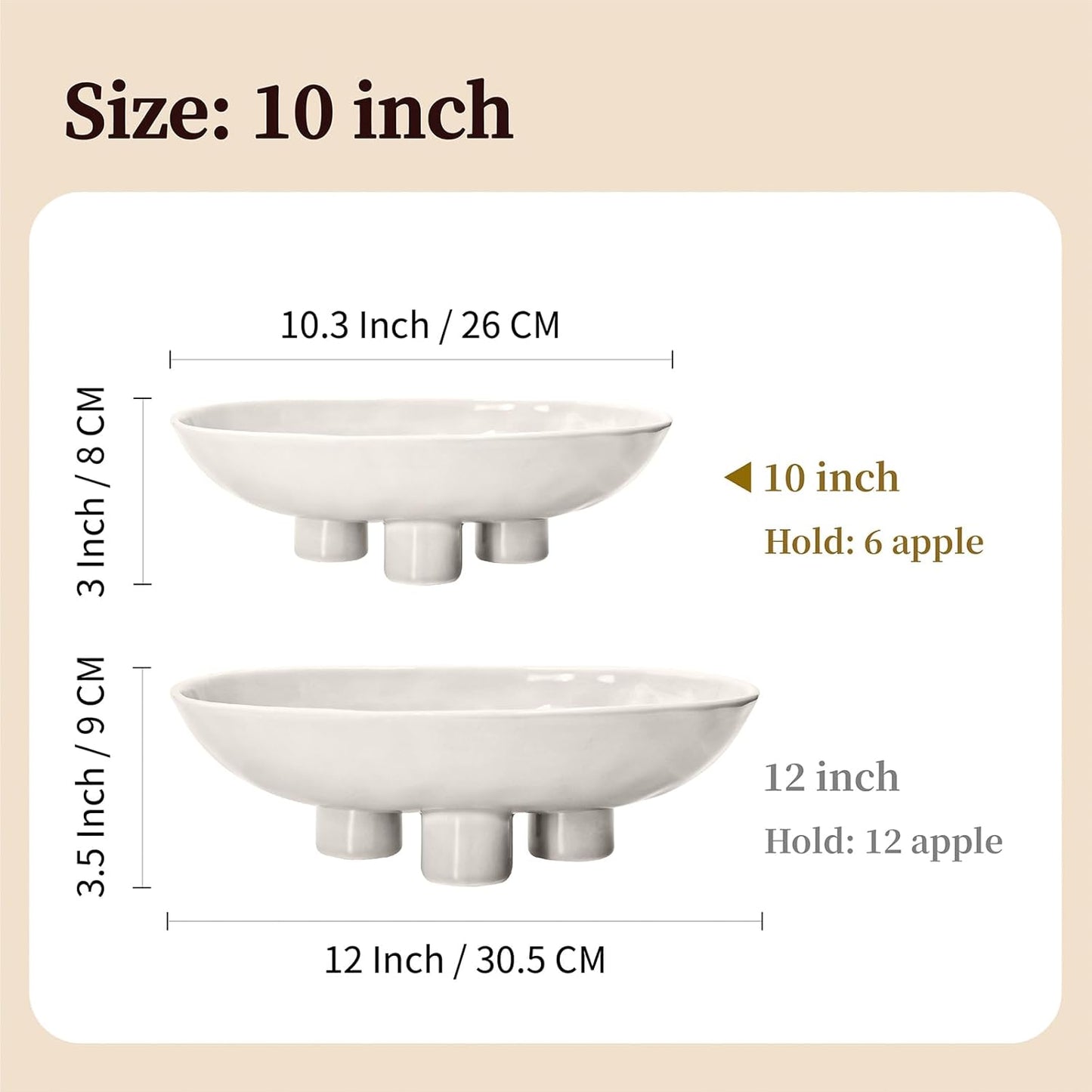 Three-Leg Ceramic Fruit Bowl for Kitchen Counter, 25 cm Oval Decorative Bowl for Fruit, Candy, and Keys, Modern High-Gloss Ceramic Serving Bowl, White - PuriLite