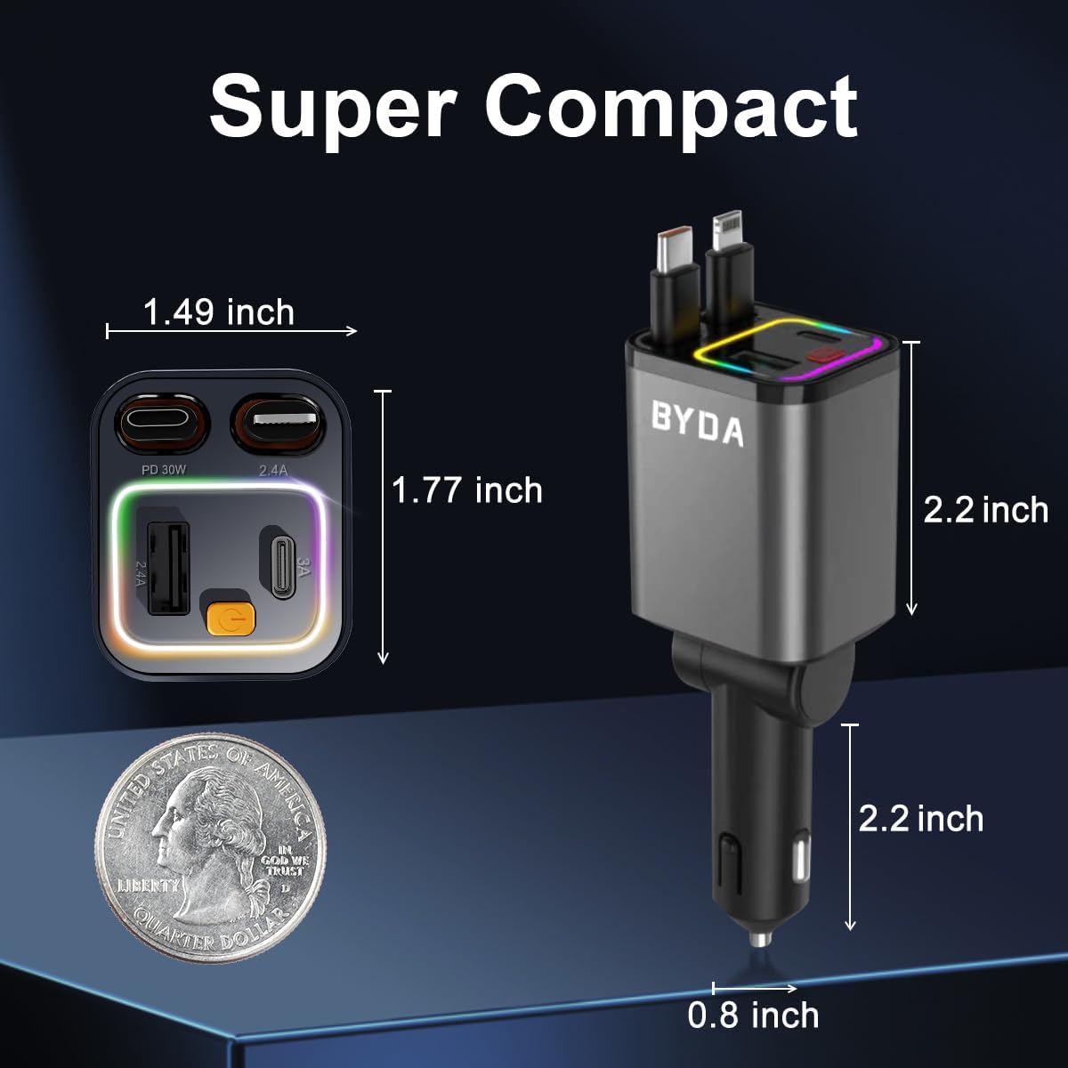 4 in 1 Retractable Car Charger,69W Fast Charging USB C for iPhone 16/15/14/13/12,iPad,Android,Galaxy,Pixel,Cigarette Lighter Adapter (Light-ning+USB-C)