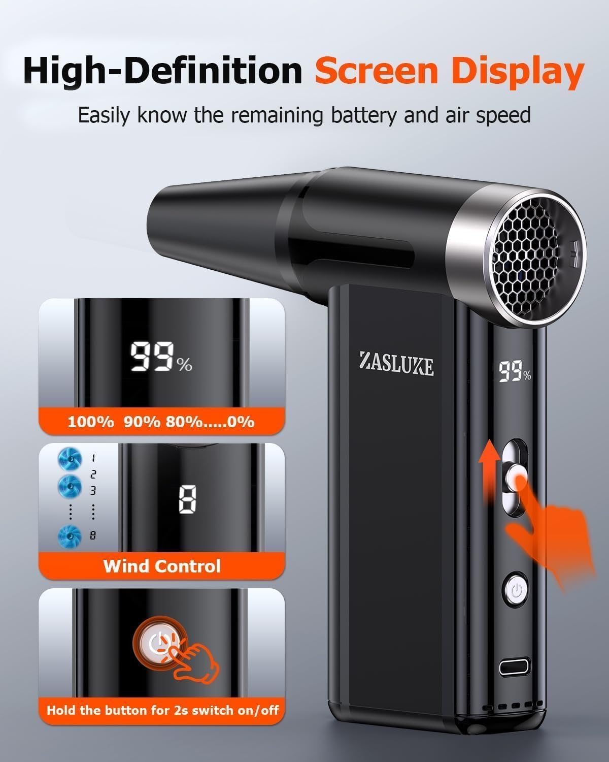 ZasLuke Compressed Air Duster, 300000RPM Cordless Electric Air Blower with Brushless Motor, 8-Gear Adjustable Mini Blower with Fast Charging, Dust Blower for Computer, Keyboard, House, Outdoor and Car