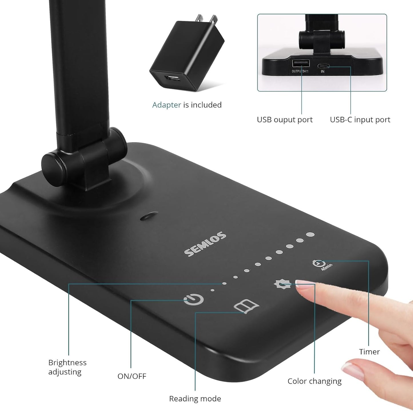 Semlos LED Desk Lamp for Home Office, Eye-Caring Table Light, 25 Lighting Modes, 45 Min Auto Timer, Touch Control, Dimmable, White