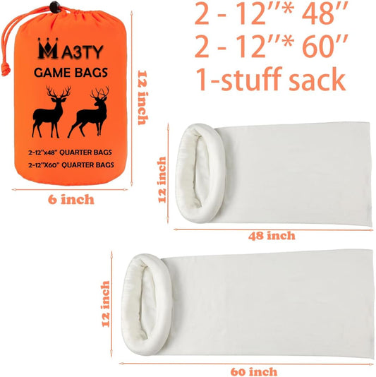Game Bags Deer & Elk, 4 Pack Big Hunting Meat Bag, Reusable Rolled Breathable Quarter Bags for Caribou, Moose, Heavy Duty Hunting Accessories (48-Inch x2, 60-Inch x2) - PuriLite