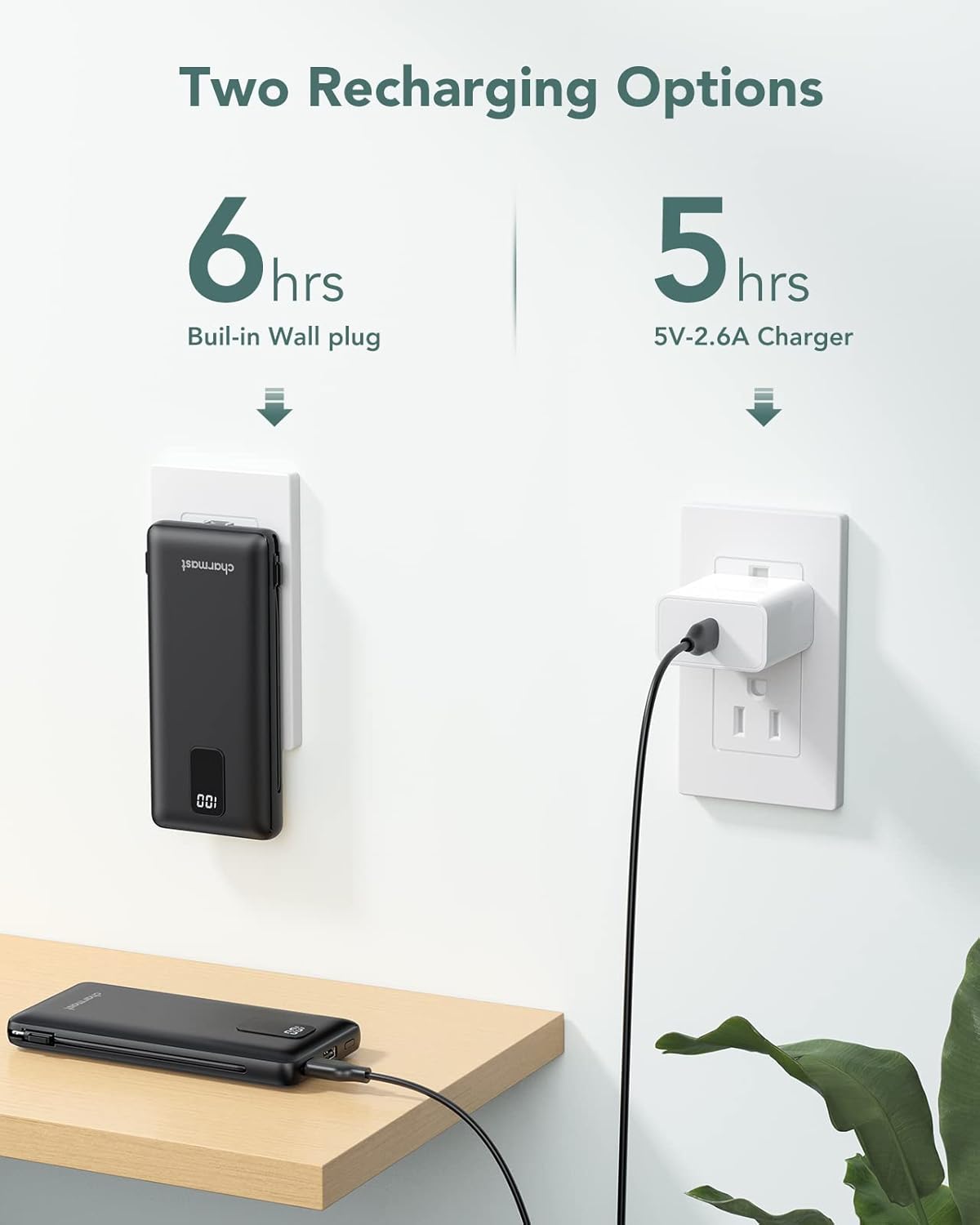 Charmast 10000mAh Portable Charger with Built-in Cables and AC Wall Plug,USB C Battery Pack Power Bank,5 Output 2 Input Battery Pack Compatible with iPhone 16/15/14/13/12,Andriod Series