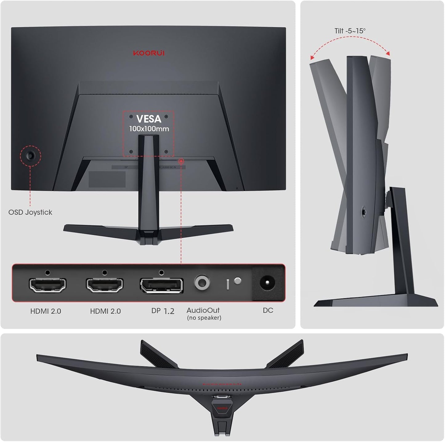 KOORUI 24 Inch Gaming Monitor - FHD 1080P Curved Monitors 180Hz VA, Built-in Adaptive Sync with 1ms, 1500R with Ultra-Thin, HDMI X2 / DP, VESA Compatible, Tilt Adjustable, Eye Care 24E6CA