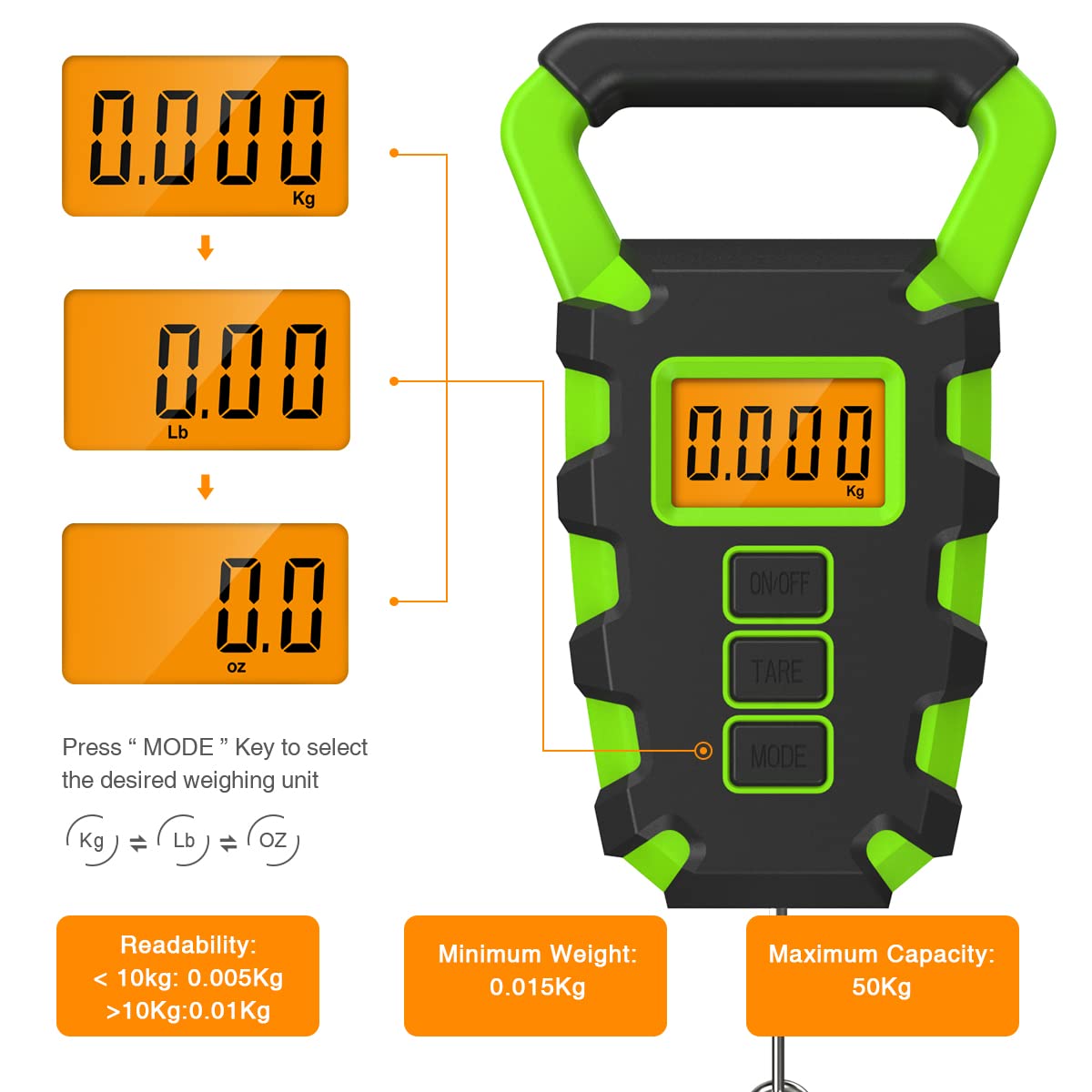 JXTZ Digital Fishing Scale, 110 lb / 50 kg Digital Luggage Scale with Backlit LCD Display, IPX4 Waterproof Hanging Scale with Measuring Tape, for Ice Fishing, Home Outdoor, Batteries Included - Green