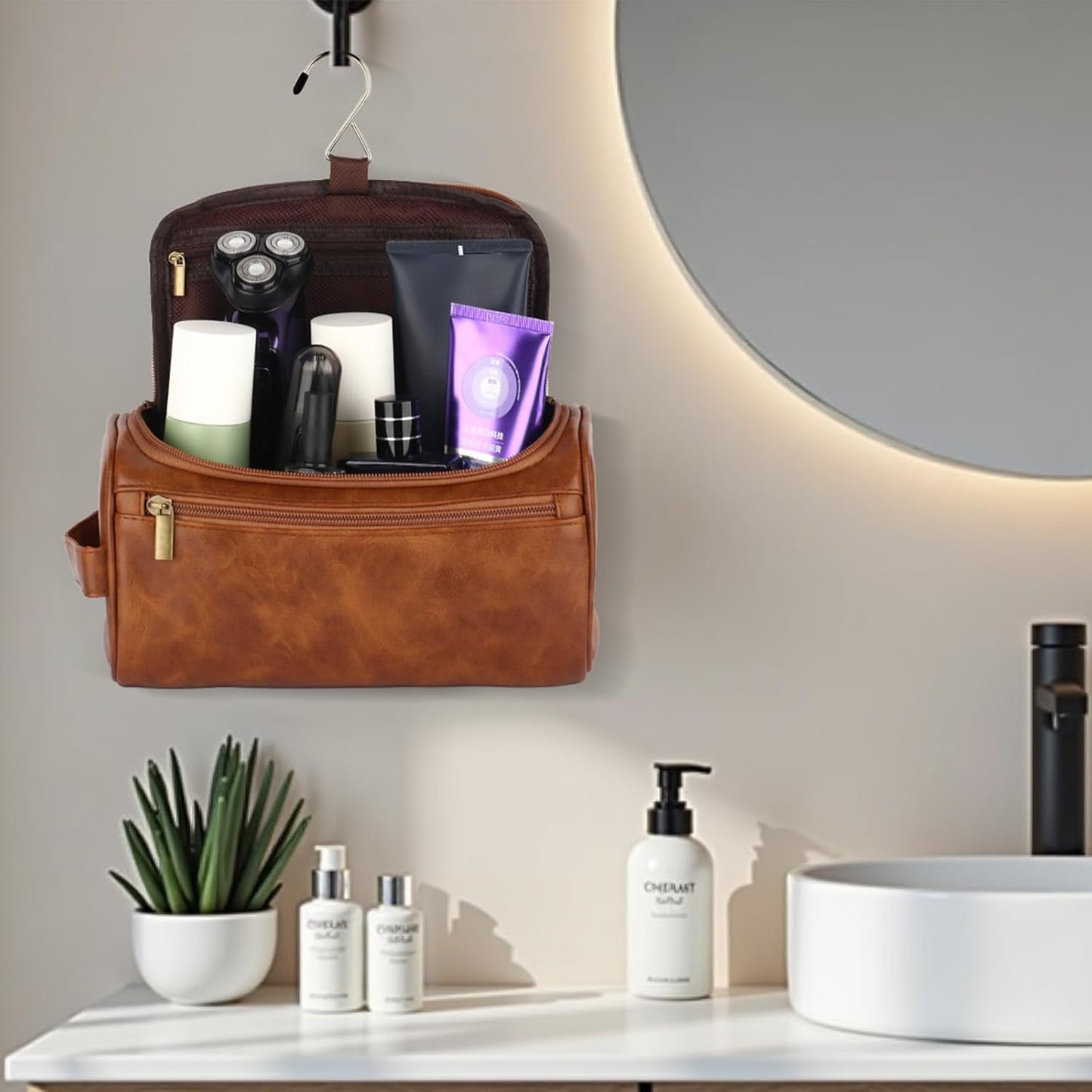 OXYEFEI Toiletry Bag Men,Gifts for Men,Mens Toiletry Travel Shaving Dopp Kit Bag with Initial PU Leather Cosmetic Bags Organizer Storage Accessories (R)