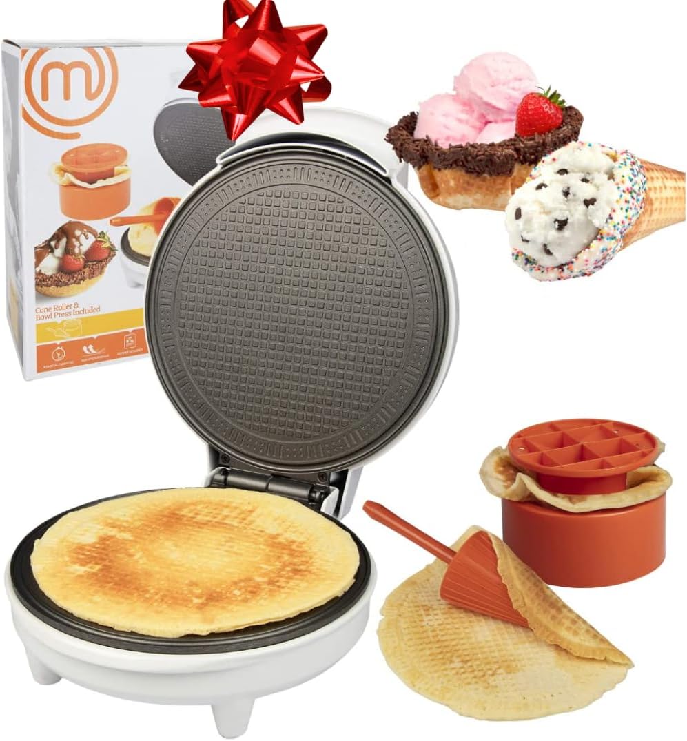 MasterChef Waffle Cone and Bowl Maker- Includes Shaper Roller and Bowl Press- Homemade Ice Cream Cone Baking Iron Machine, Fun Kitchen Appliance for Summer Parties & Gift Giving - PuriLite