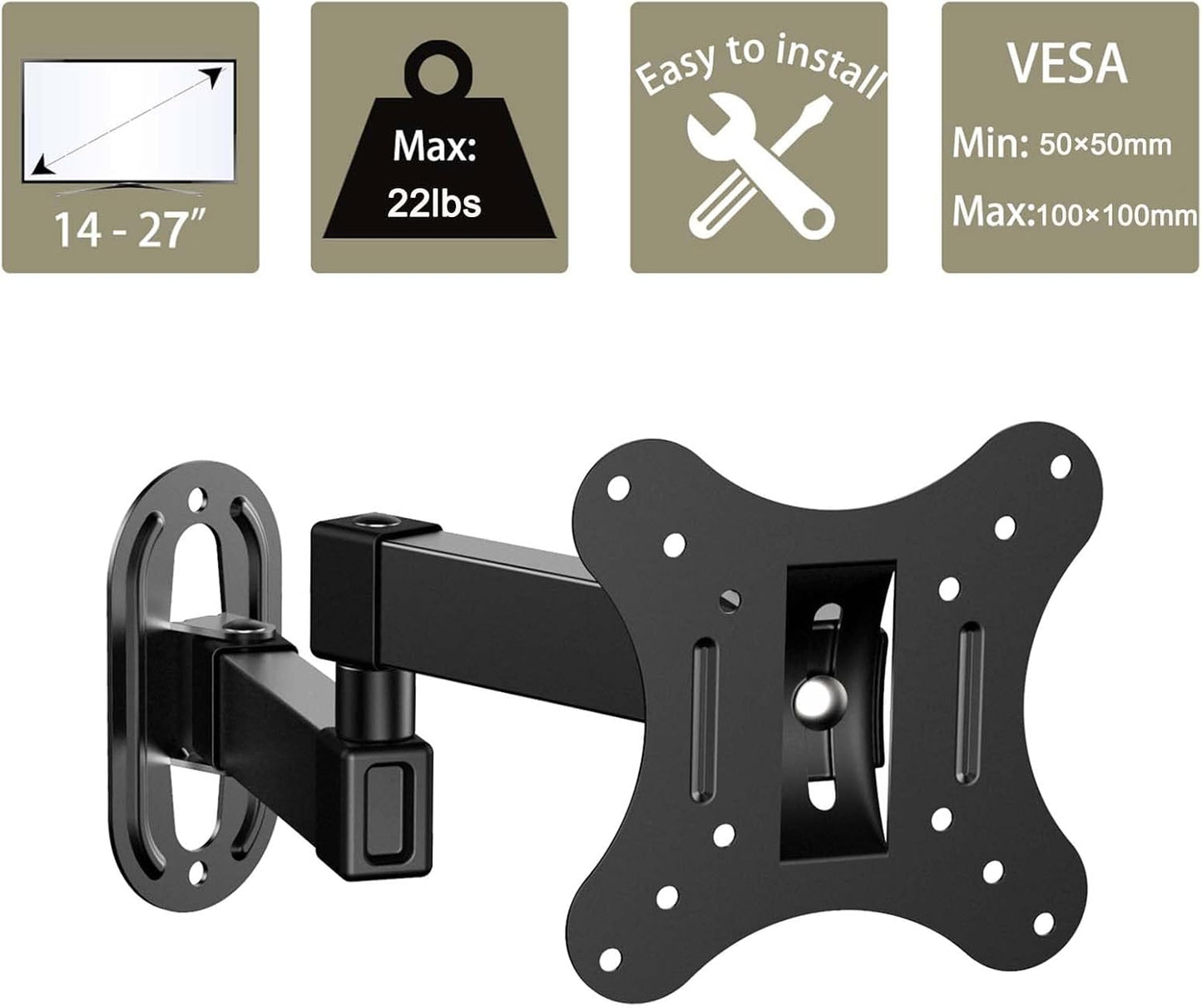 GLWIXY Monitor Wall Mount Most 14-27 inch TVs Computer,Full Motion Wall Mount TV Bracket VESA Up to 100x100mm Max Load 22lbs Fits 15 19 20 22 23 Inch Small Monitor Mount