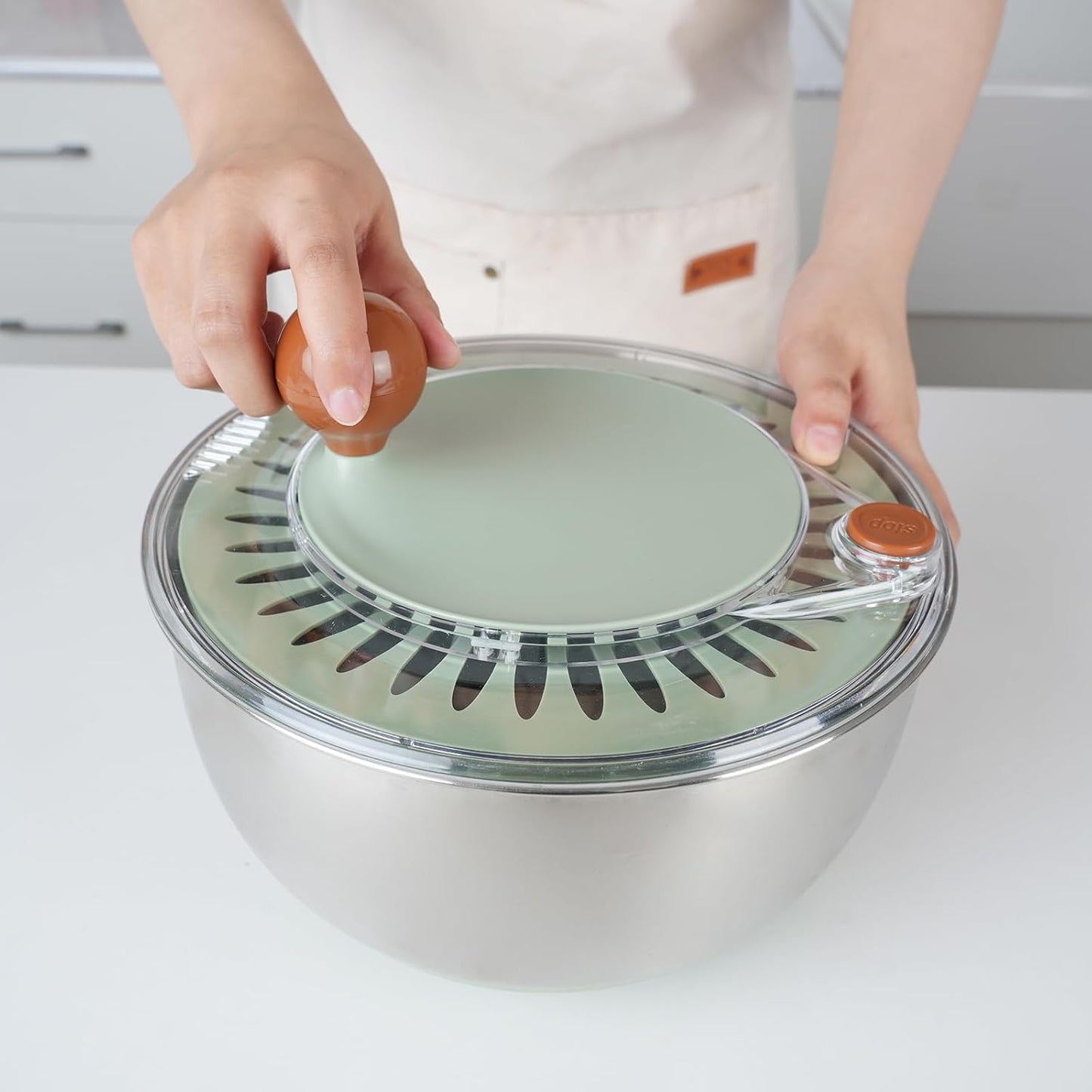 Shatomo Stainless Steel Salad Spinner, 5L Lettuce Spinner with Non-Slip Base, Drain and Stop Button, Fruit and Vegetable Washer and Dryer Spinner