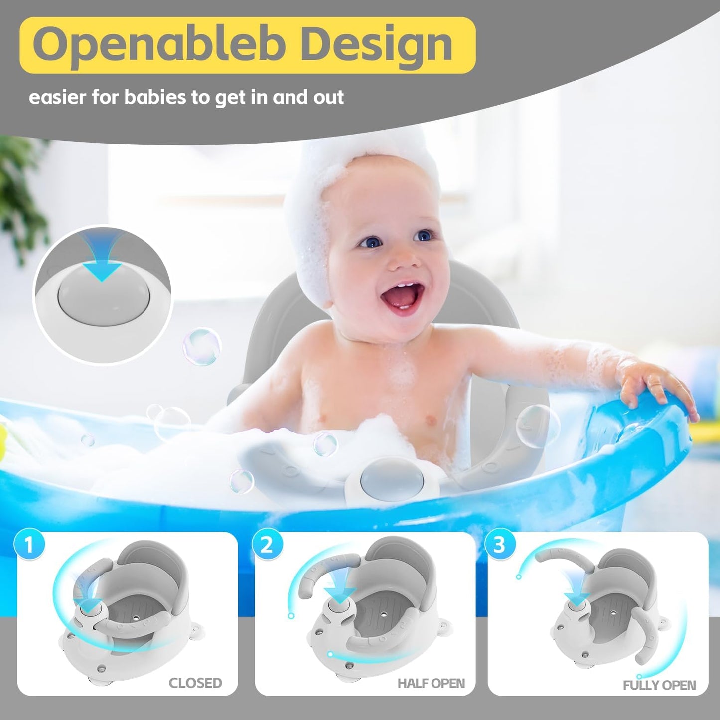 Baby Bath Seat for Babies 6 Months & Up, Bath Seats for Babies Sitting Up, Open Design Bathtub Seat for Baby, Non-slip, Compact Toddler Bath Seat.