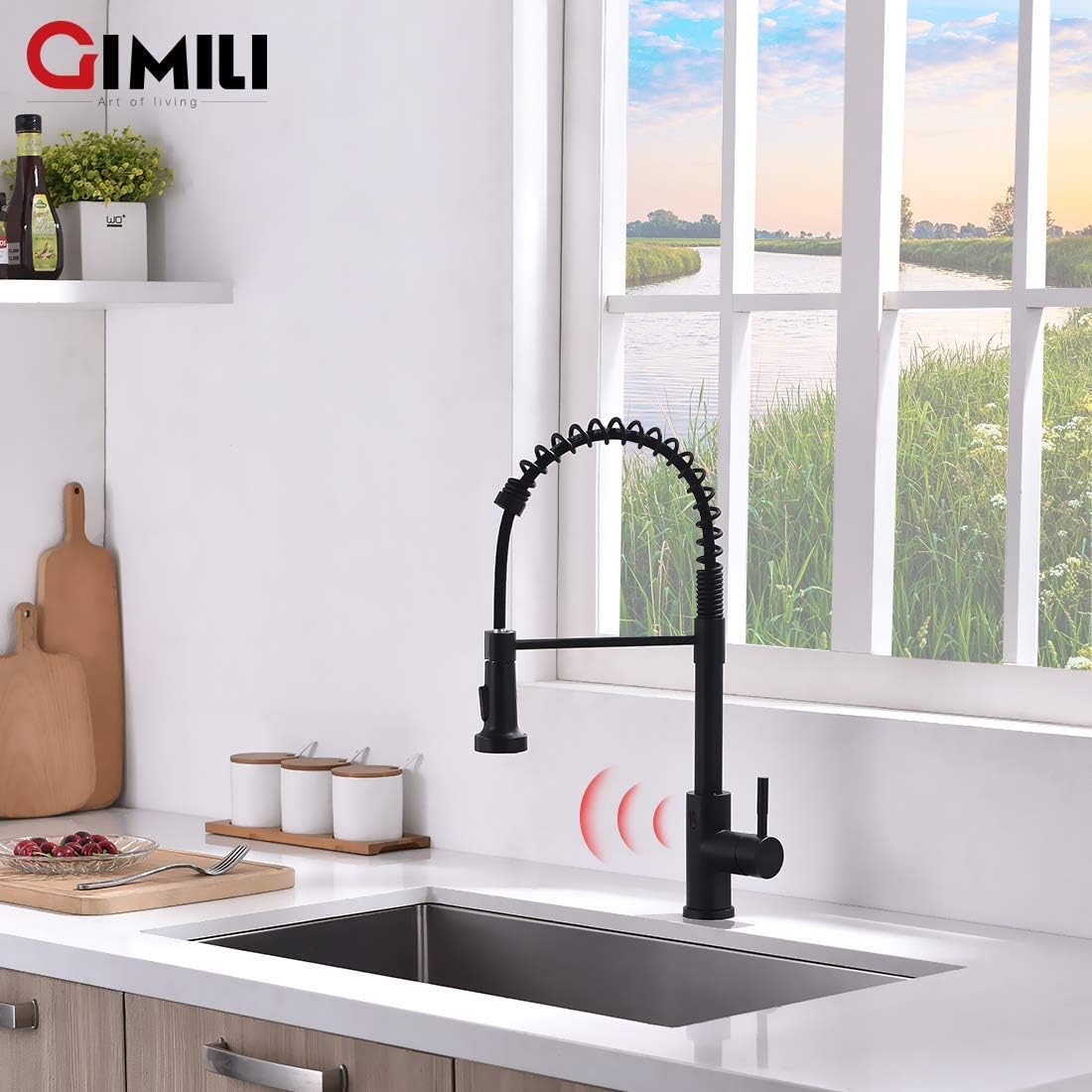GIMILI Matte Black Kitchen Faucet with LED Light,Single Hole Spring Kitchen Sink Faucet with Pull Down Sprayer